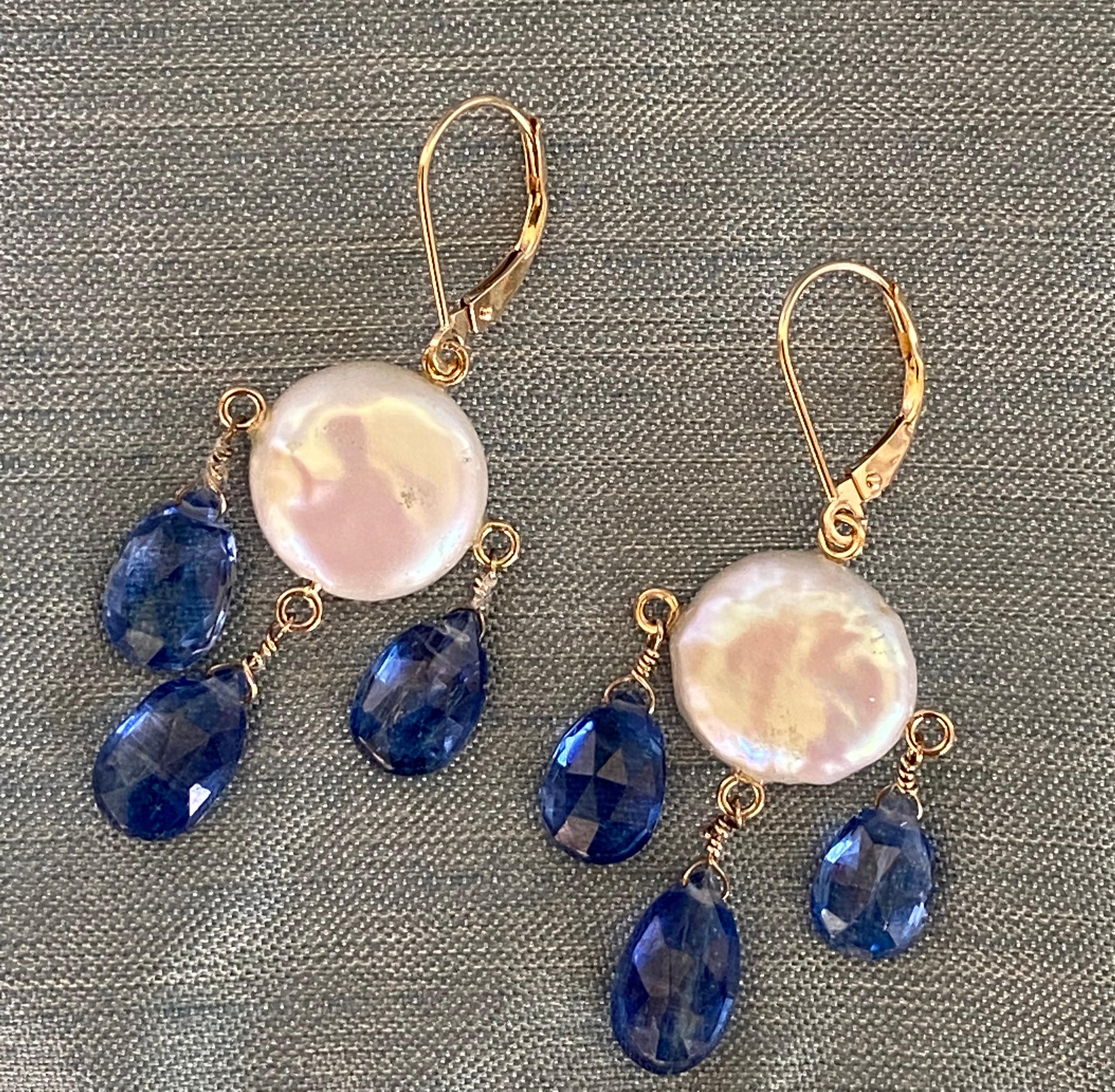 Marina J White Coin Pearl and Kyanite Drop Earrings with 14k Yellow Gold  In New Condition In Los Angeles, CA