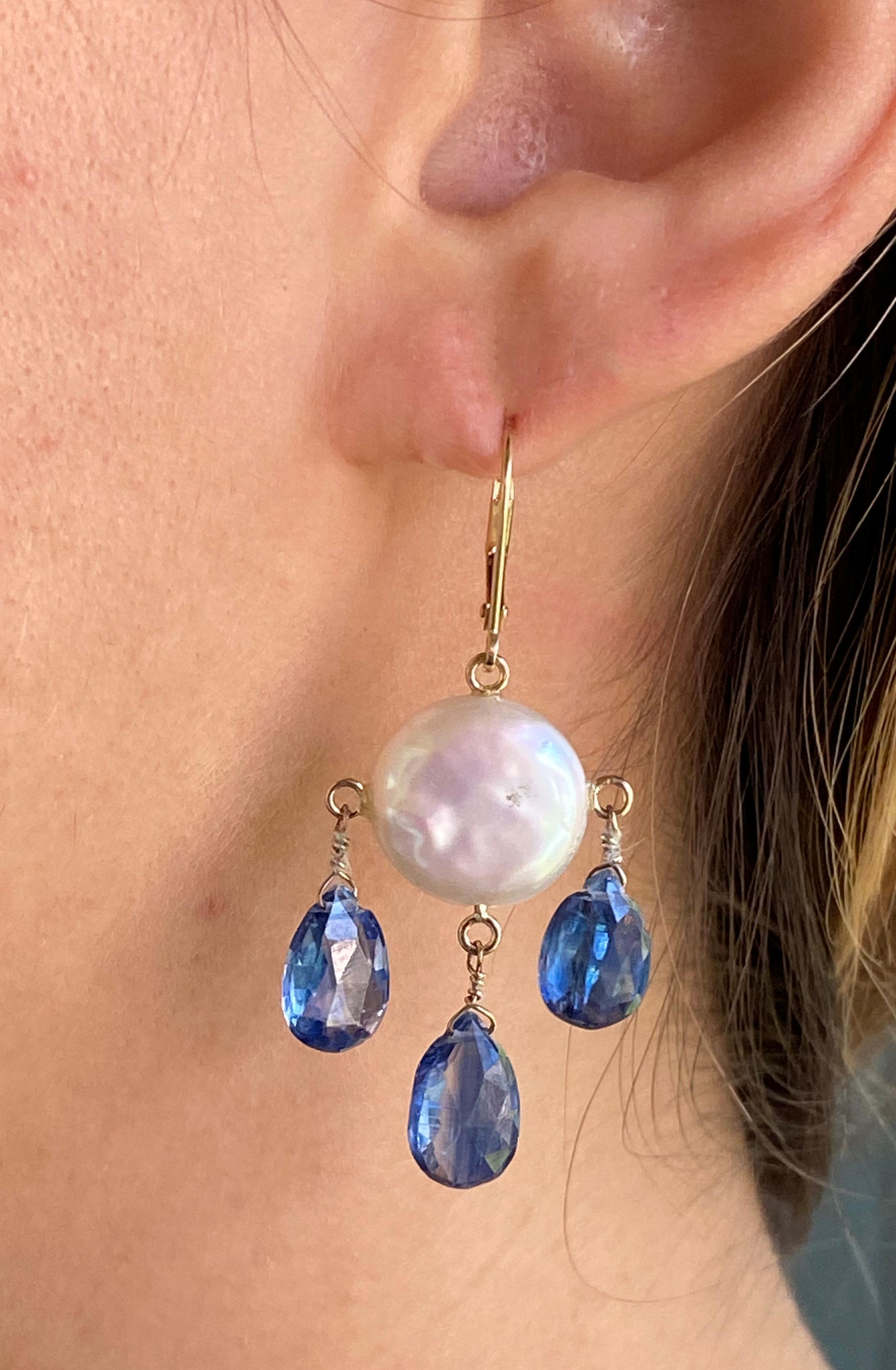 Marina J White Coin Pearl and Kyanite Drop Earrings with 14k Yellow Gold  1