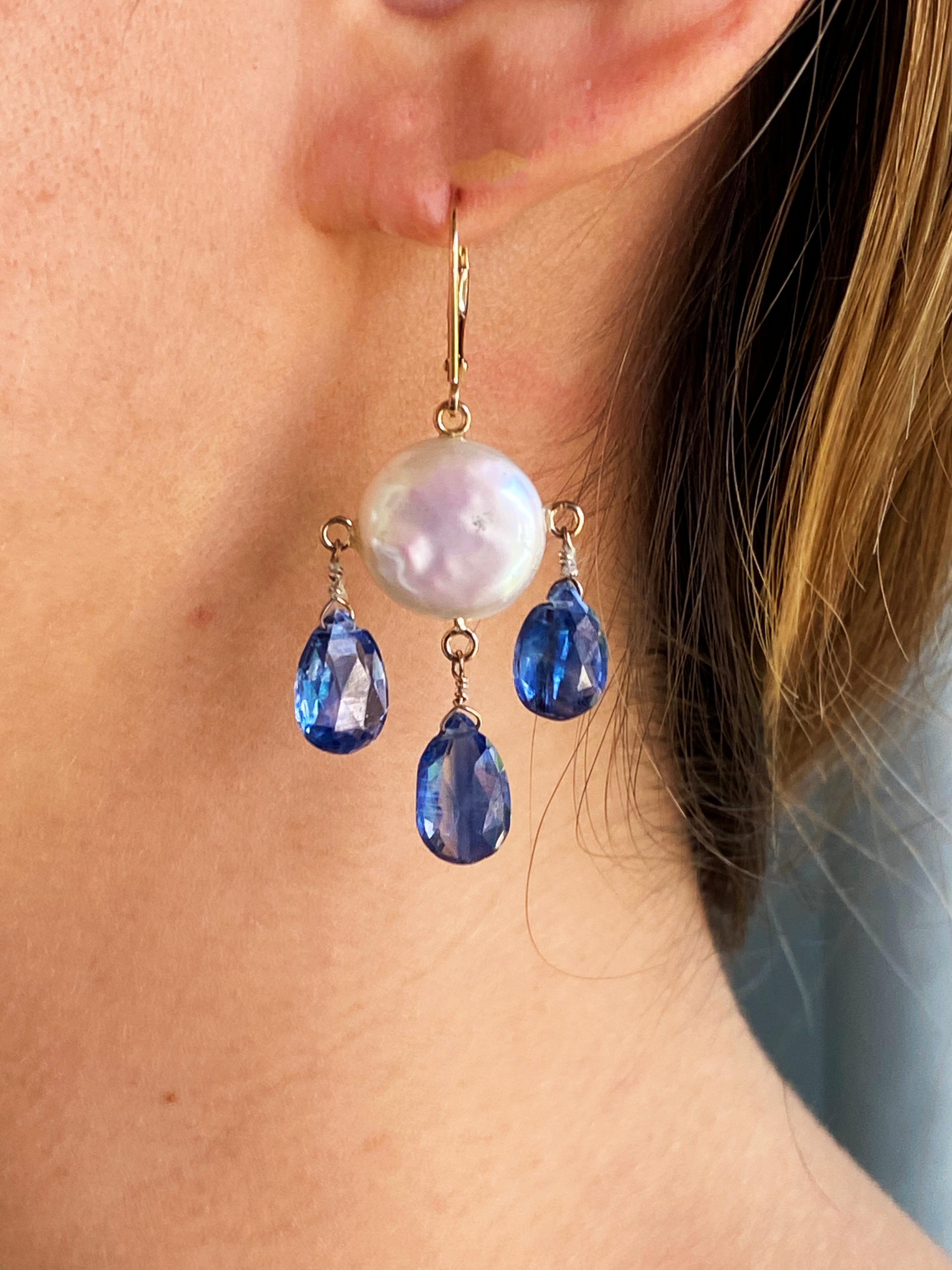 Marina J White Coin Pearl and Kyanite Drop Earrings with 14k Yellow Gold  2