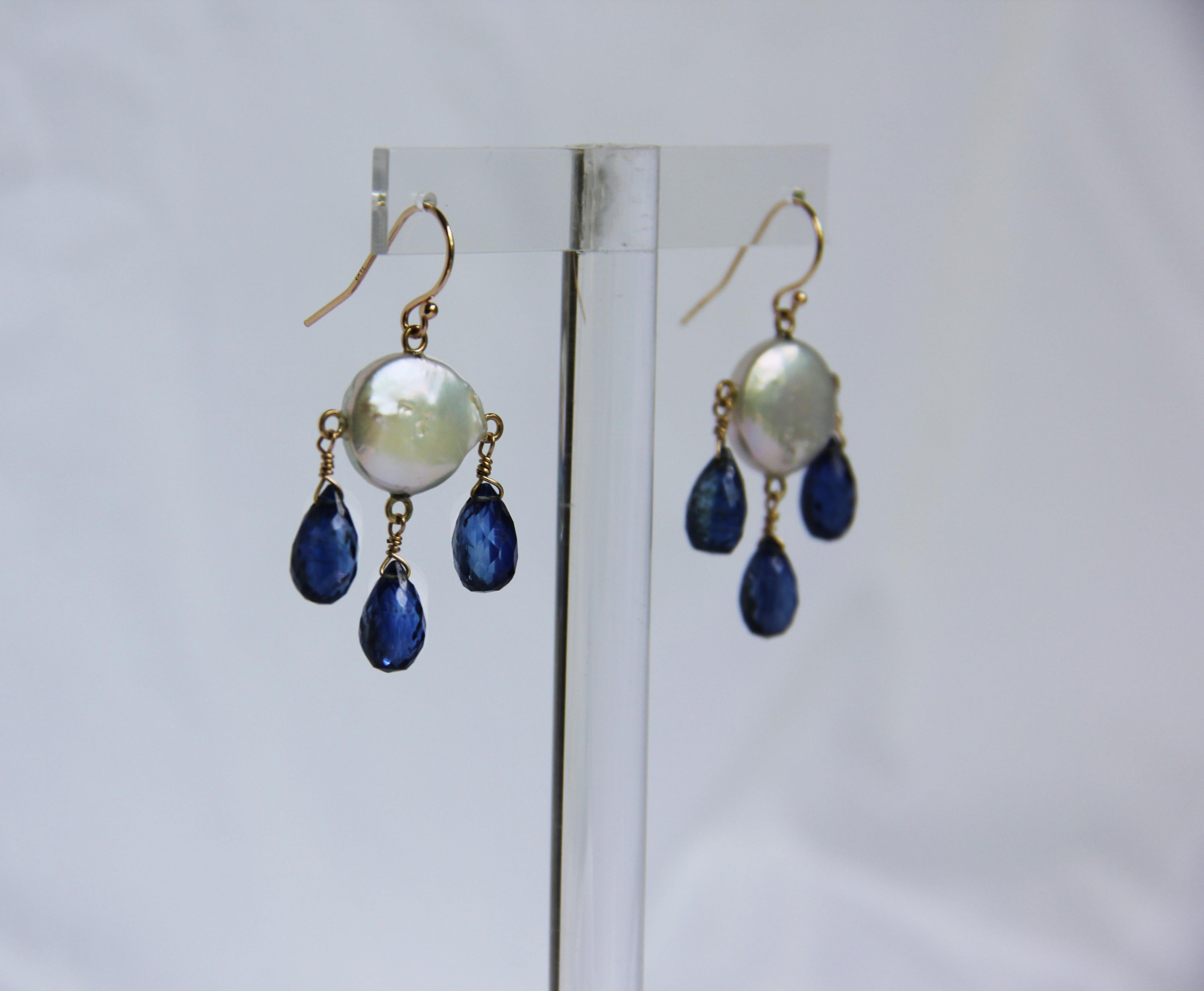 Artist Marina J White Coin Pearl & Kyanite Drop Earrings with 14k Lever Back Hooks For Sale