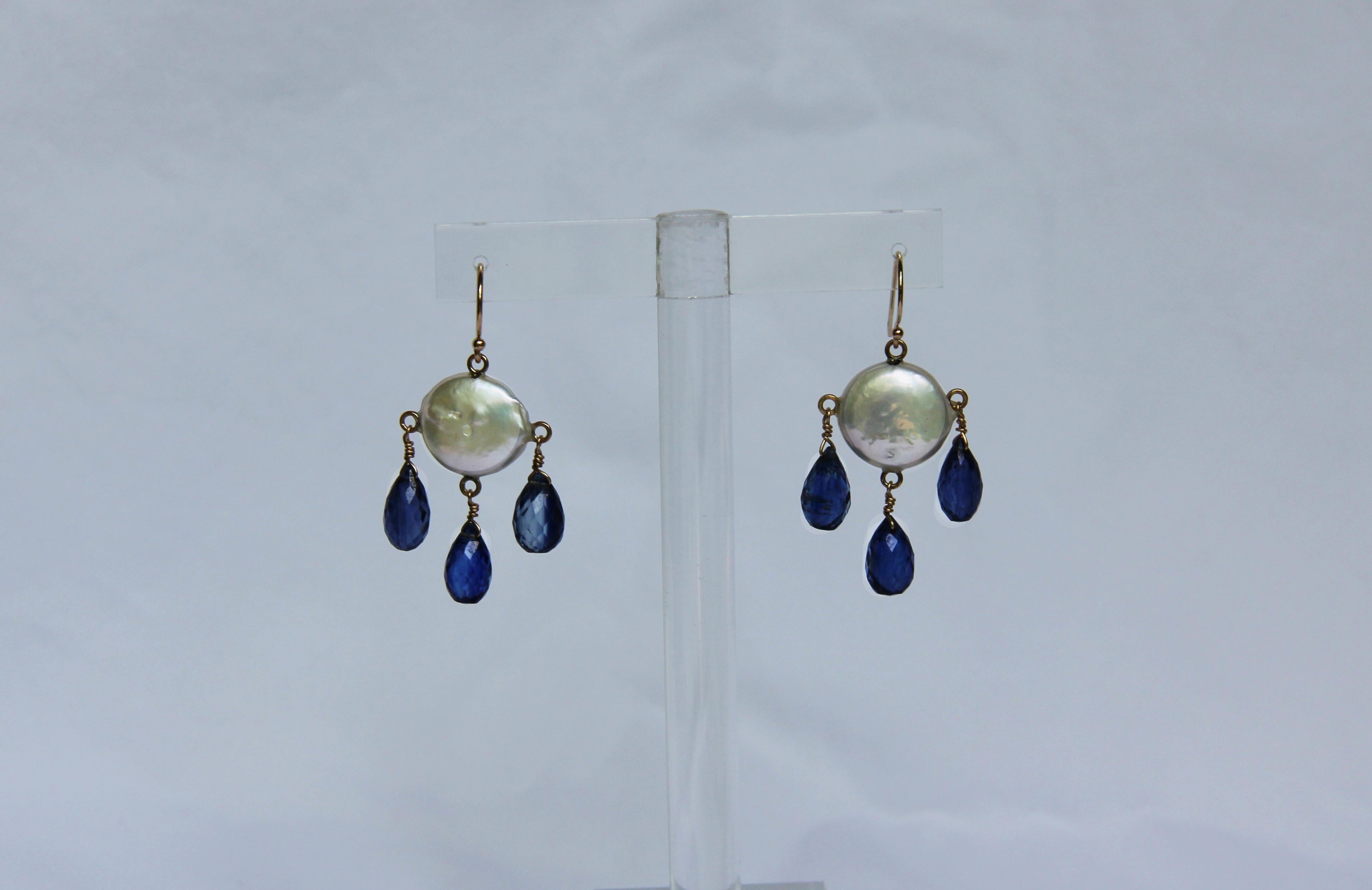 Marina J White Coin Pearl & Kyanite Drop Earrings with 14k Lever Back Hooks In New Condition For Sale In Los Angeles, CA