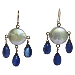 Marina J White Coin Pearl & Kyanite Drop Earrings with 14k Lever Back Hooks