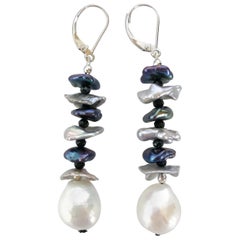 Marina J. White Grey and Black Pearl Earrings with Black Spinel and Silver Beads