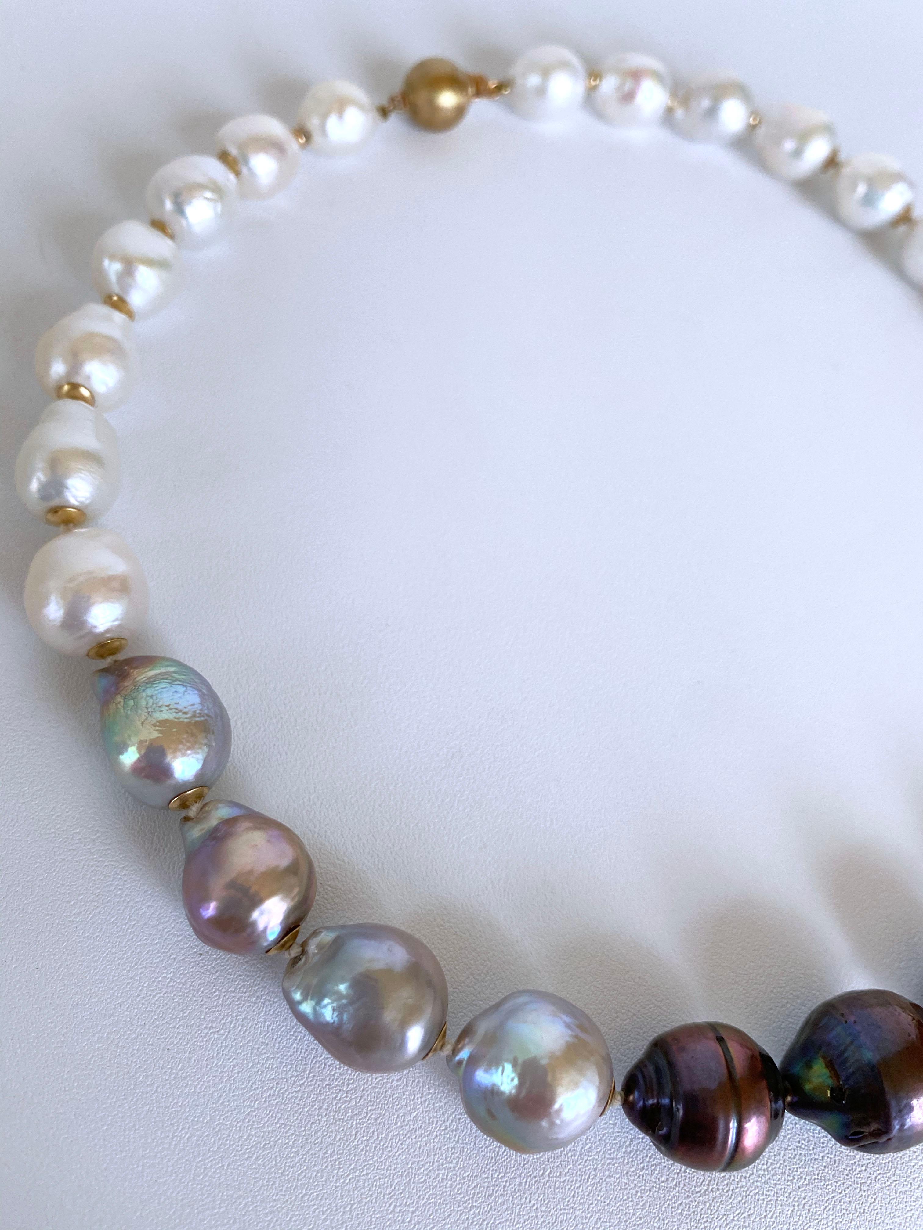 Artisan Marina J. White, Grey & Black Graduated Pearl Necklace with 14K Gold Clasp, Cups