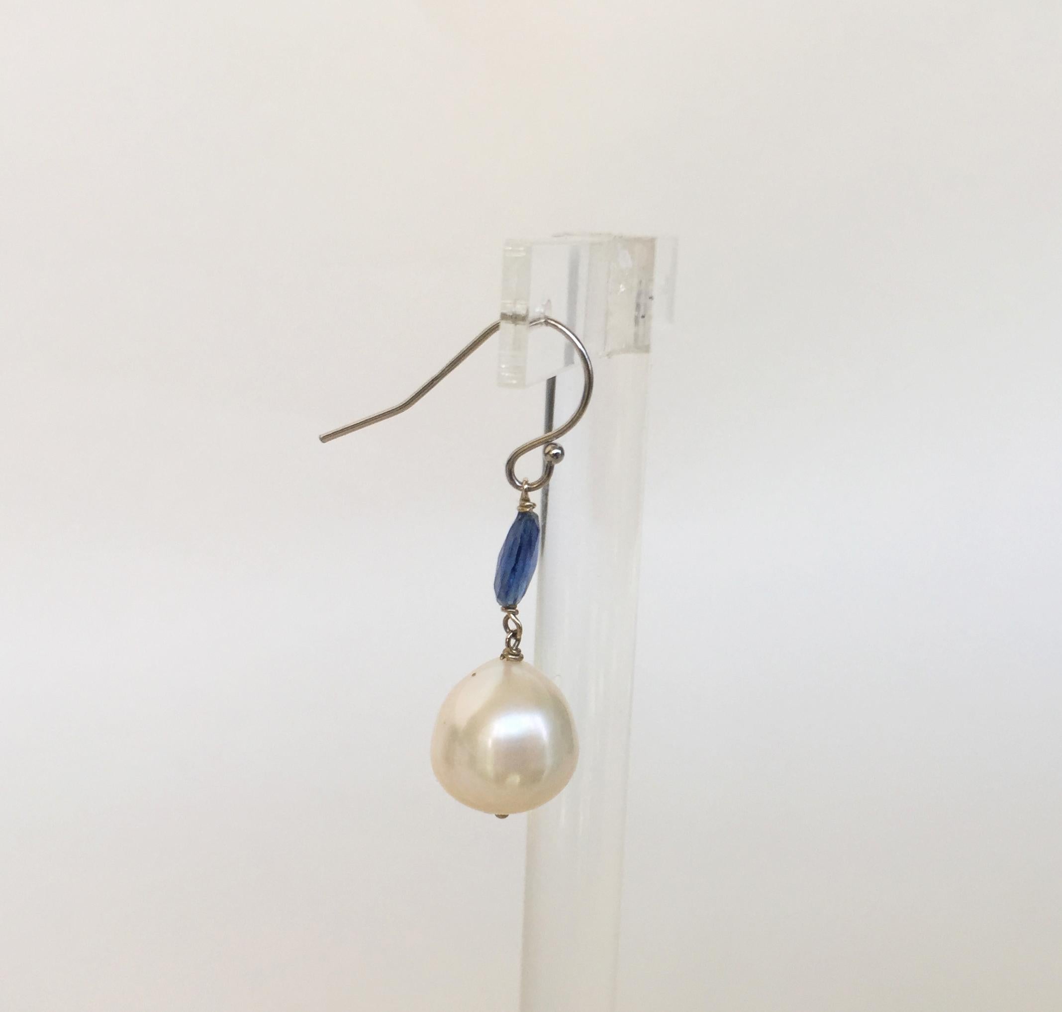 Artist Marina J White Pearl and Kyanite Drop Earrings with 14 Karat White Gold Hooks