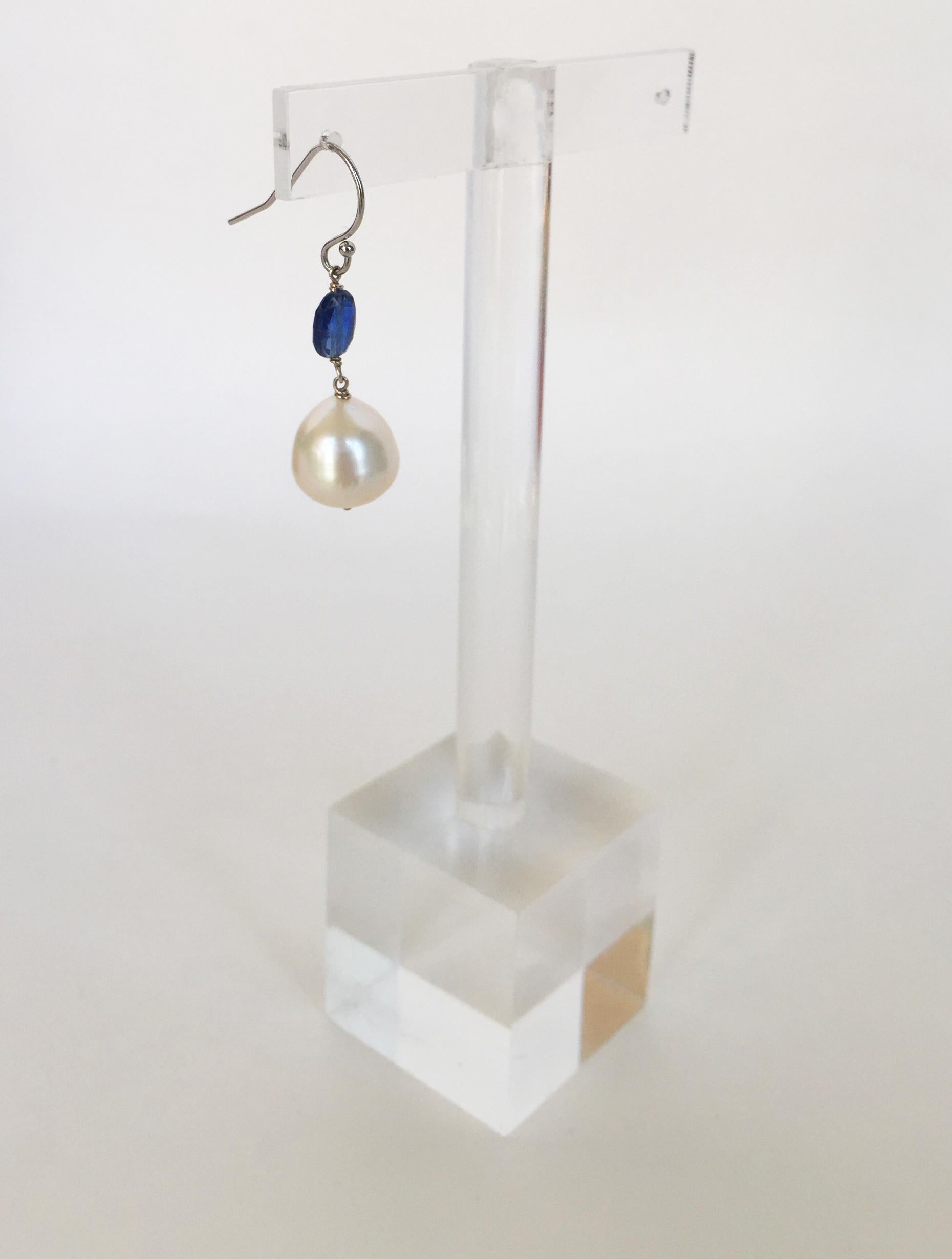 Marina J White Pearl and Kyanite Drop Earrings with 14 Karat White Gold Hooks In New Condition In Los Angeles, CA