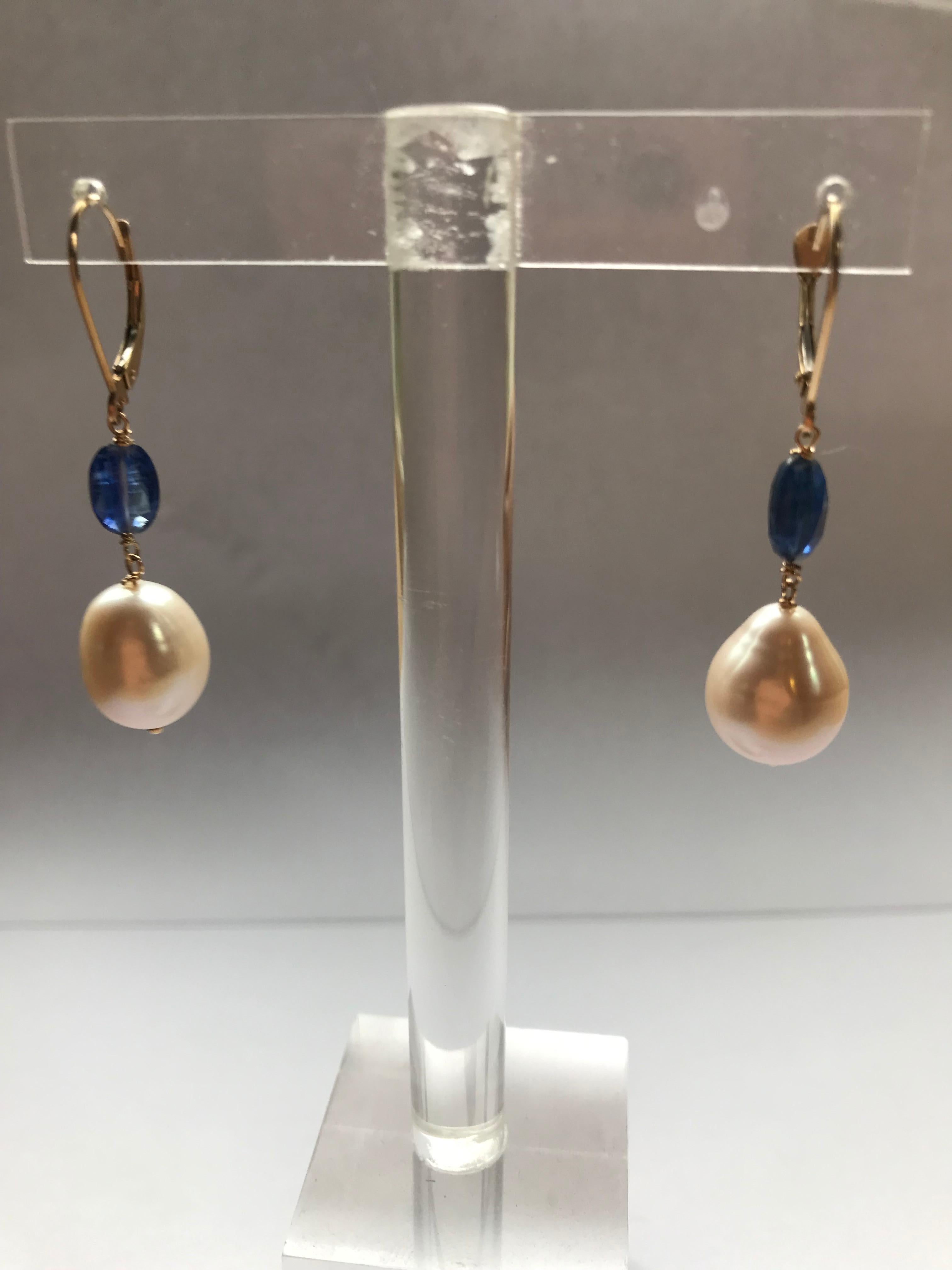 Marina J White Pearl and Kyanite Drop Earrings with 14 Karat White Gold Hooks 2