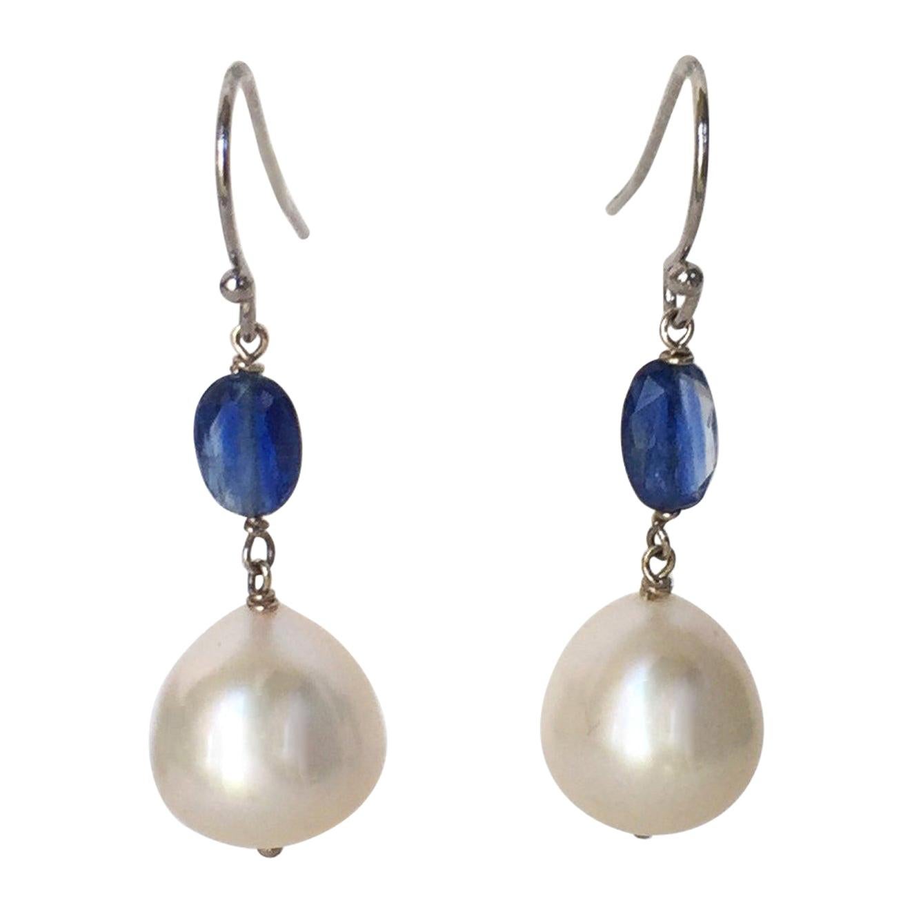 Marina J White Pearl and Kyanite Drop Earrings with 14 Karat White Gold Hooks