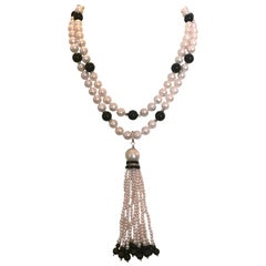 Marina J. White Pearl and Onyx Long Sautoir with Removal Tassel and Diamonds