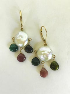 Marina J Pendientes de perlas blancas y turmalina multicolor 14k Oro