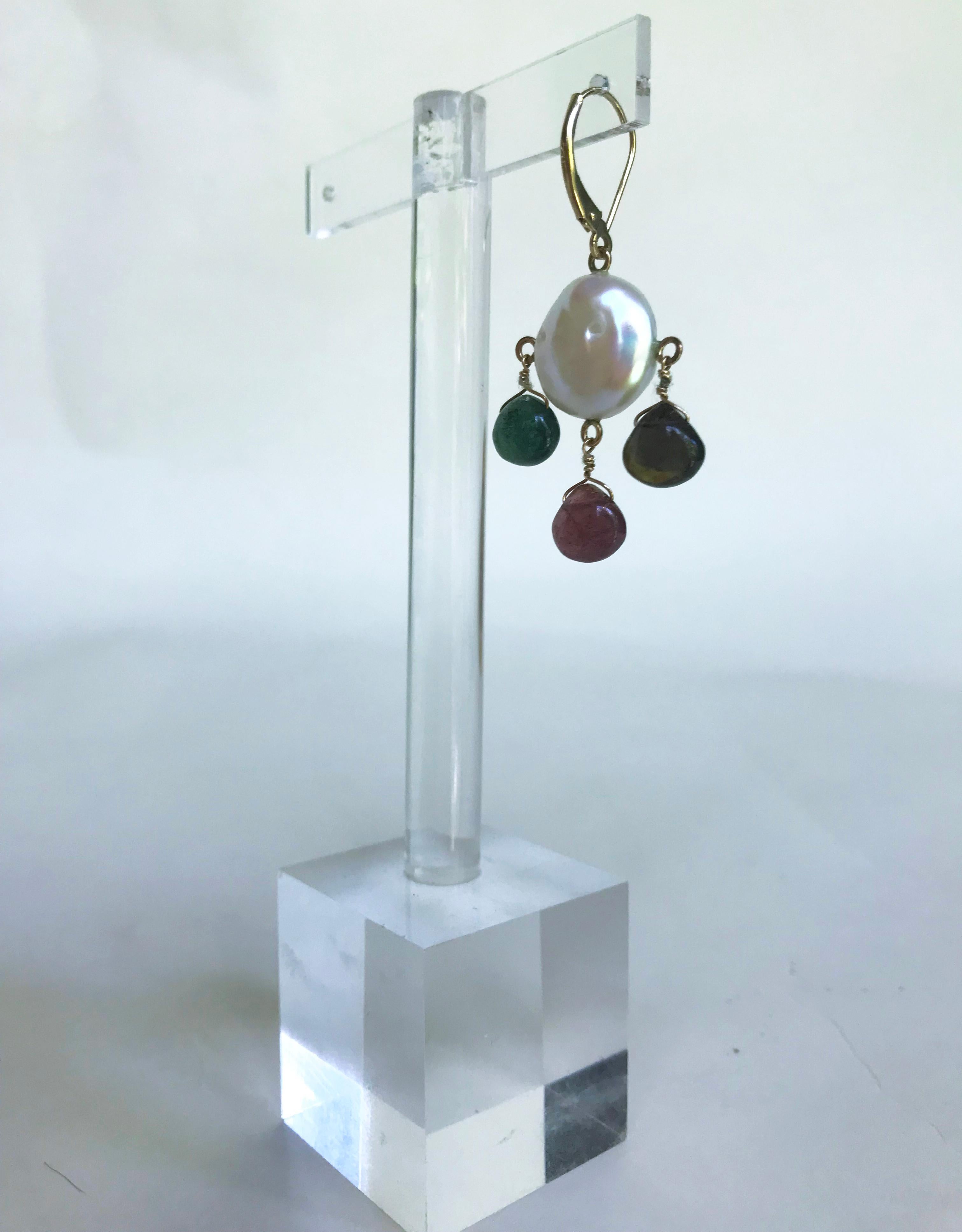 Artist Marina J White Pearl Coin Earrings & Multicolored Tourmaline Drop Beads 14k Gold For Sale