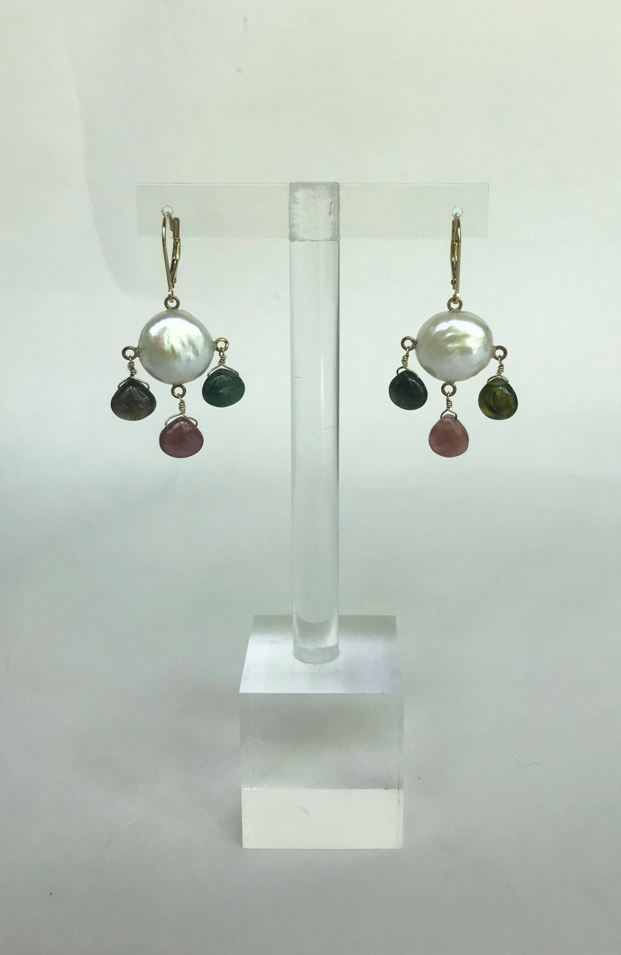 Marina J White Pearl Coin Earrings & Multicolored Tourmaline Drop Beads 14k Gold For Sale 1