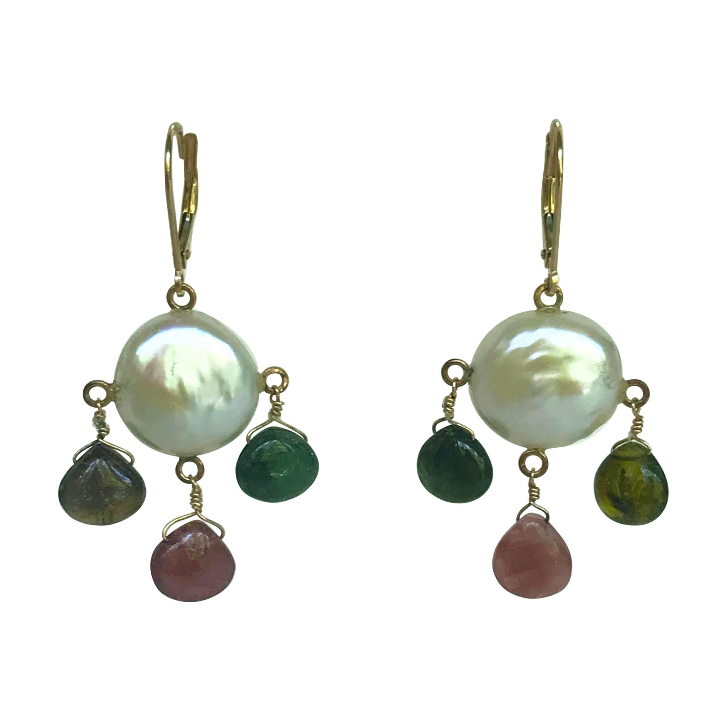 Marina J White Pearl Coin Earrings & Multicolored Tourmaline Drop Beads 14k Gold For Sale