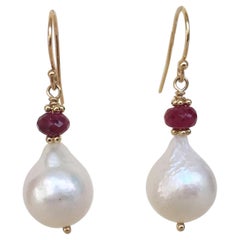 Marina J White Pearl Drop Earrings with Faceted Ruby Beads and 14 K Yellow Gold Marina J White Pearl Drop Earrings with Faceted Ruby Beads and 14 K Yellow Gold