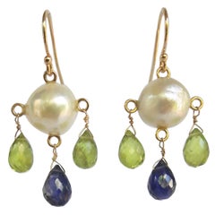 Marina J White Pearl Earrings with Iolite and Peridot Brioletts  and 14 K Gold