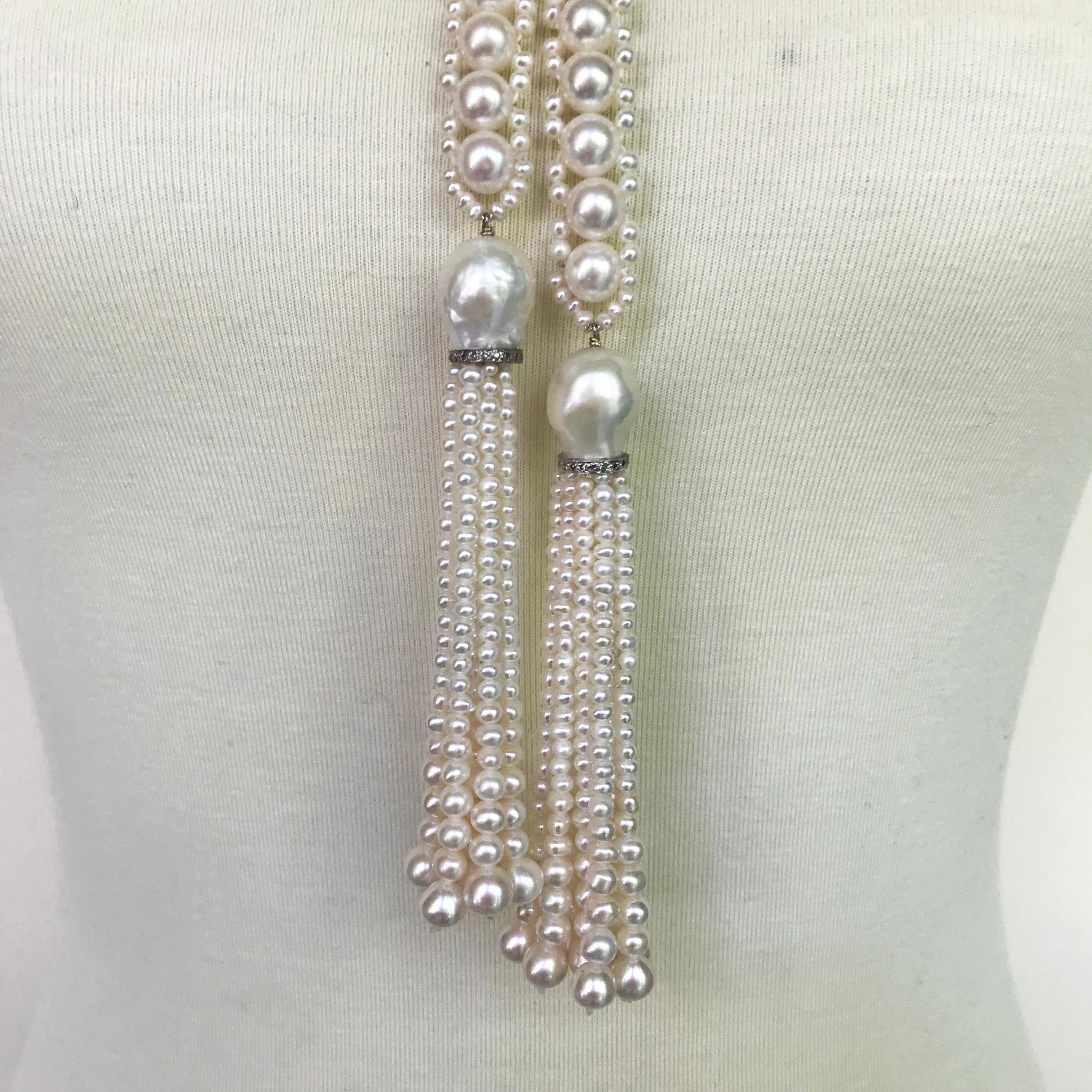 This white pearl rope sautoir necklace with white pearl and diamond tassels is the essence of classic elegance. Handcrafted by Marina J. each pearl was chosen for its beautiful shape and glowing white color. The rope like design is graceful and
