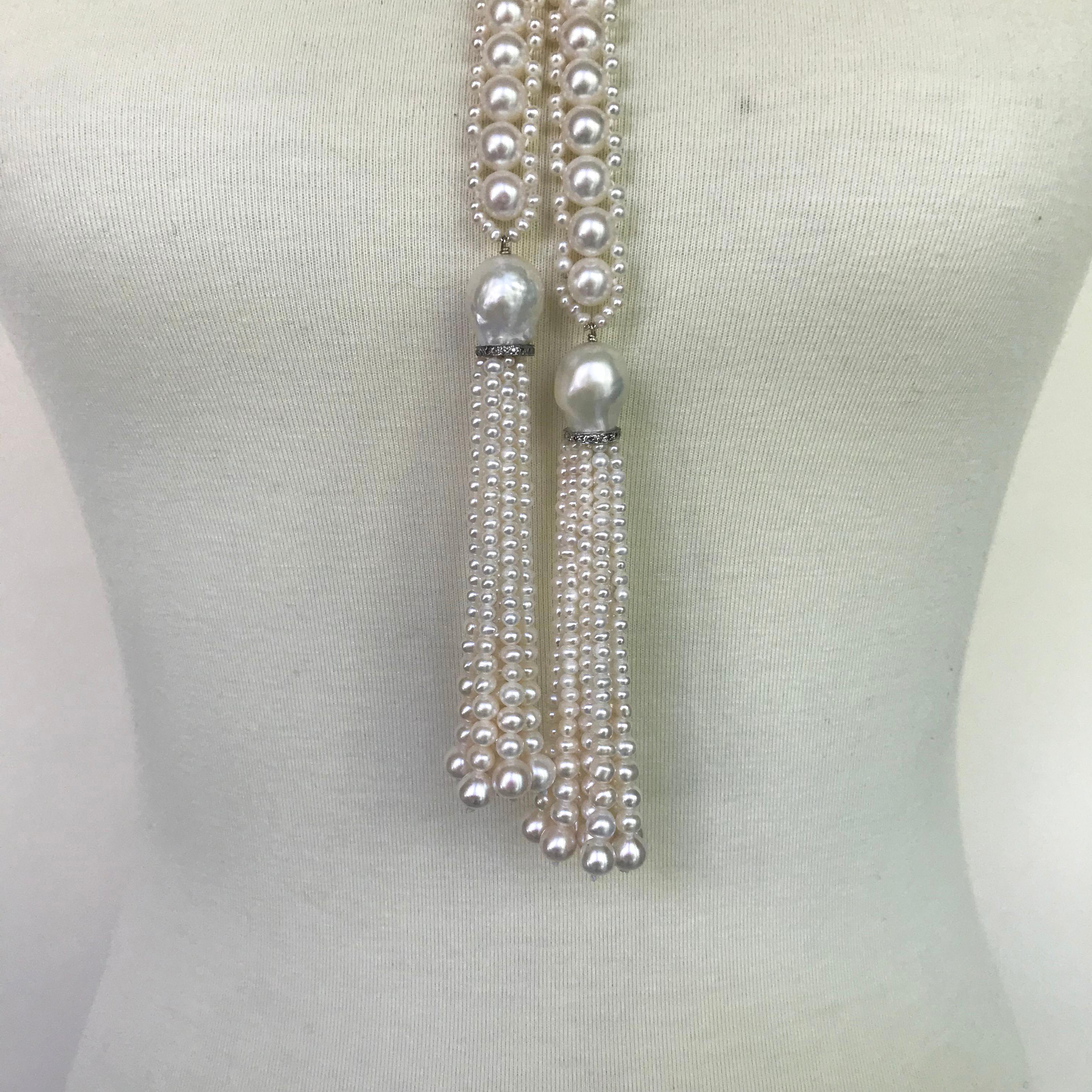 Artist Marina J. White Pearl Sautoir Necklace with Pearl and Diamond Graduated Tassels