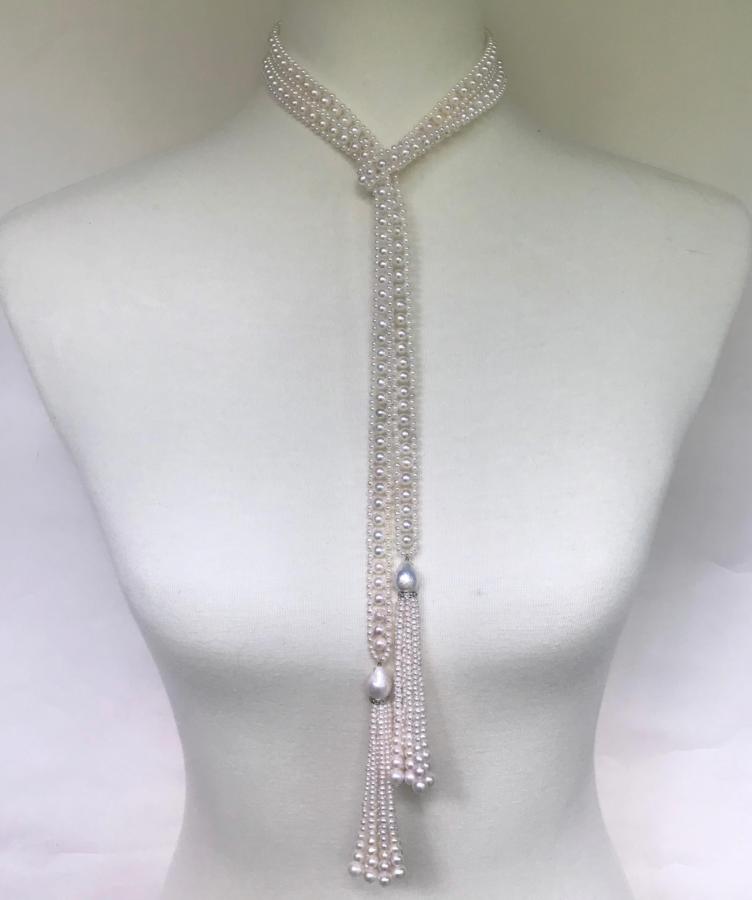 Marina J. White Pearl Sautoir Necklace with Pearl and Diamond Graduated Tassels In New Condition In Los Angeles, CA