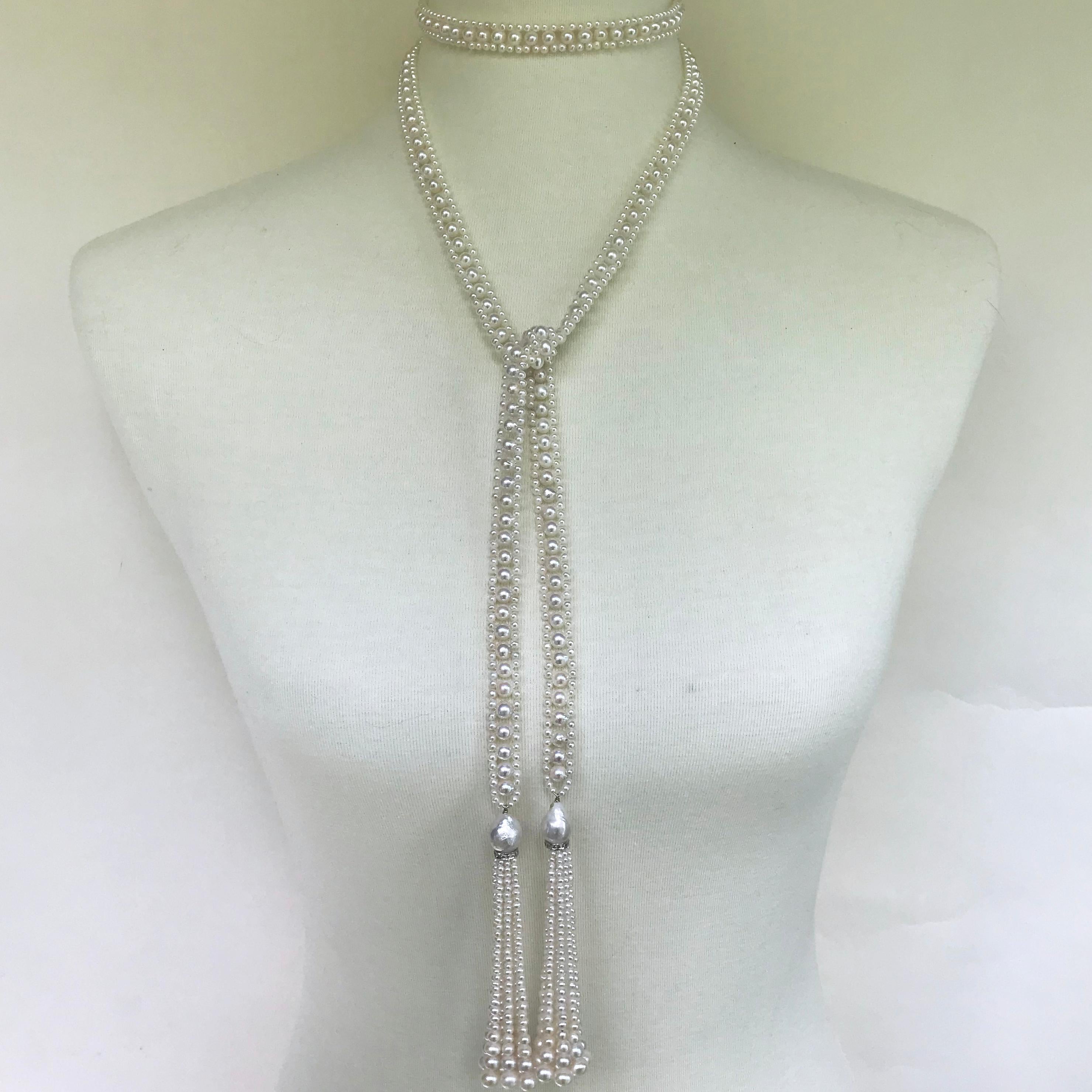 Women's Marina J. White Pearl Sautoir Necklace with Pearl and Diamond Graduated Tassels