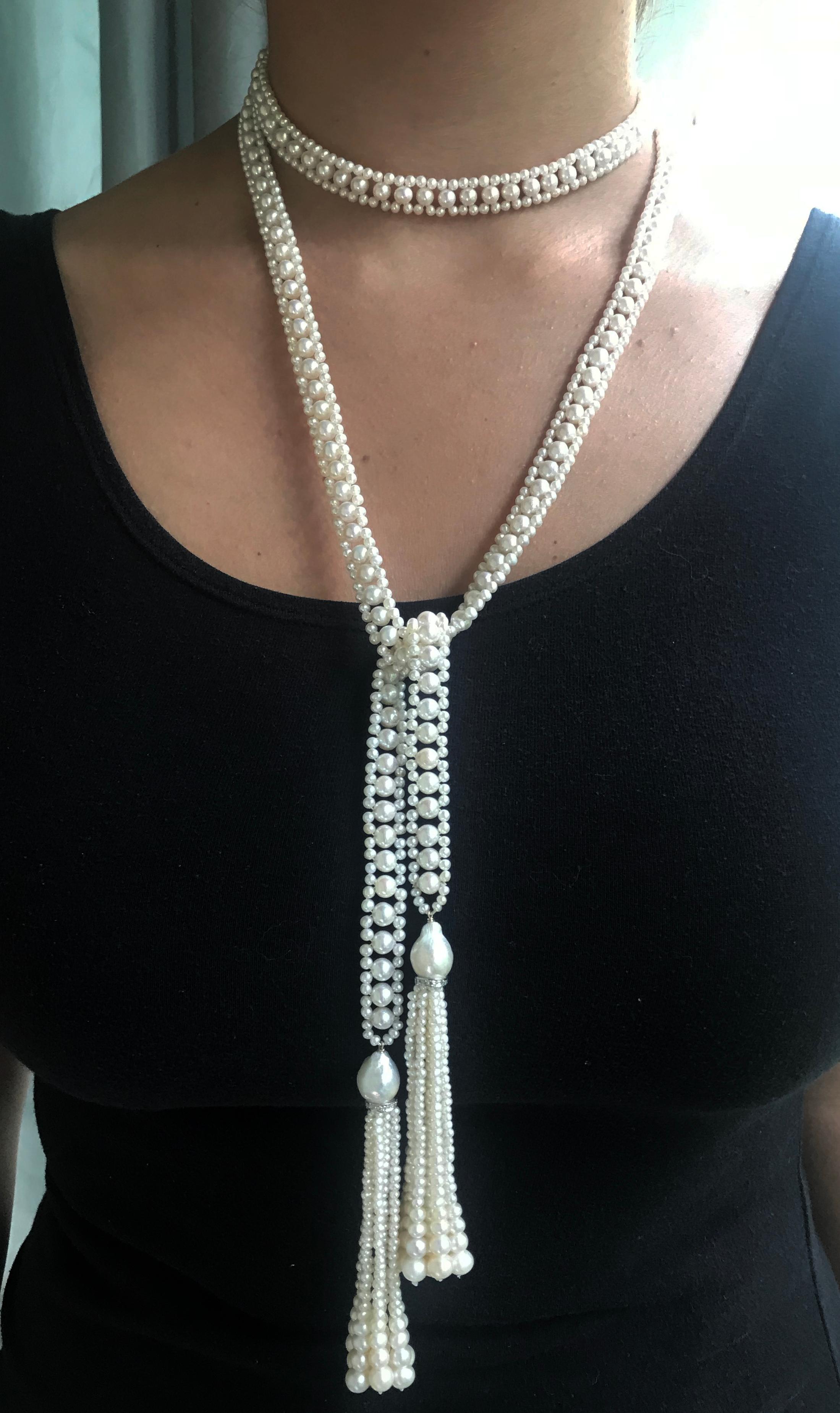 Marina J. White Pearl Sautoir Necklace with Pearl and Diamond Graduated Tassels 3