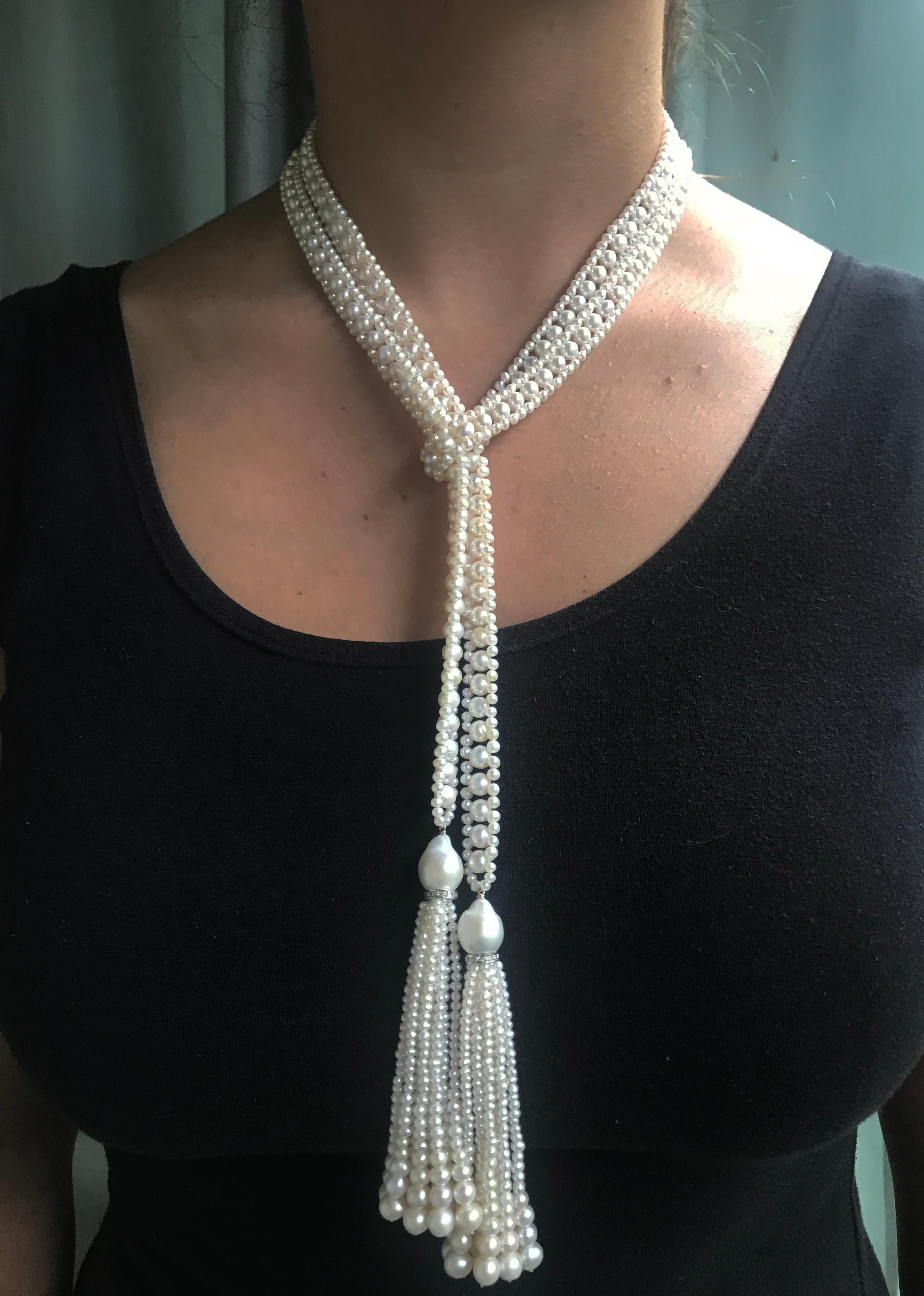 Marina J. White Pearl Sautoir Necklace with Pearl and Diamond Graduated Tassels 4