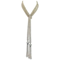 Marina J. White Pearl Sautoir Necklace with Pearl and Diamond Graduated Tassels