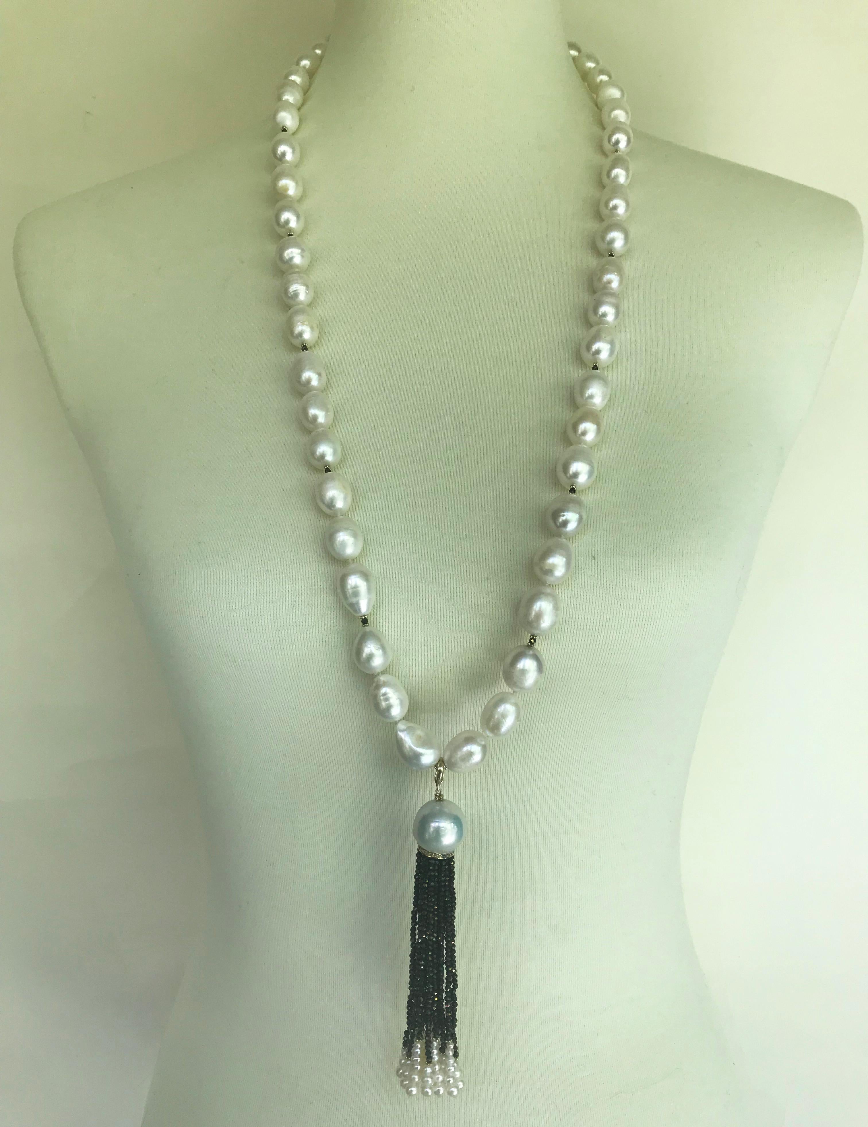 Artist Marina J. White Pearl Sautoir with Diamond Encrusted Tassel & 14k Gold Clasp