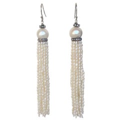 Marina J White Rice Pearl Tassel Earrings with Diamonds and 14 K White Gold
