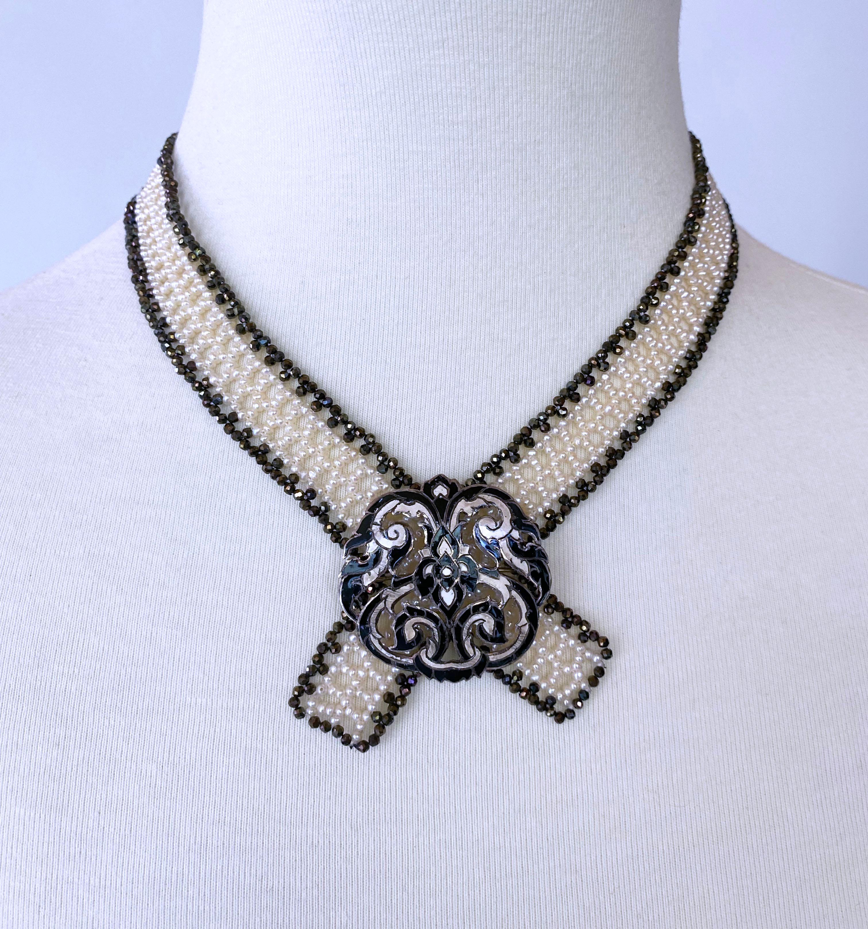 Marina J White Woven Pearl and Black Spinel Collar Necklace with Sliding Clasp 3