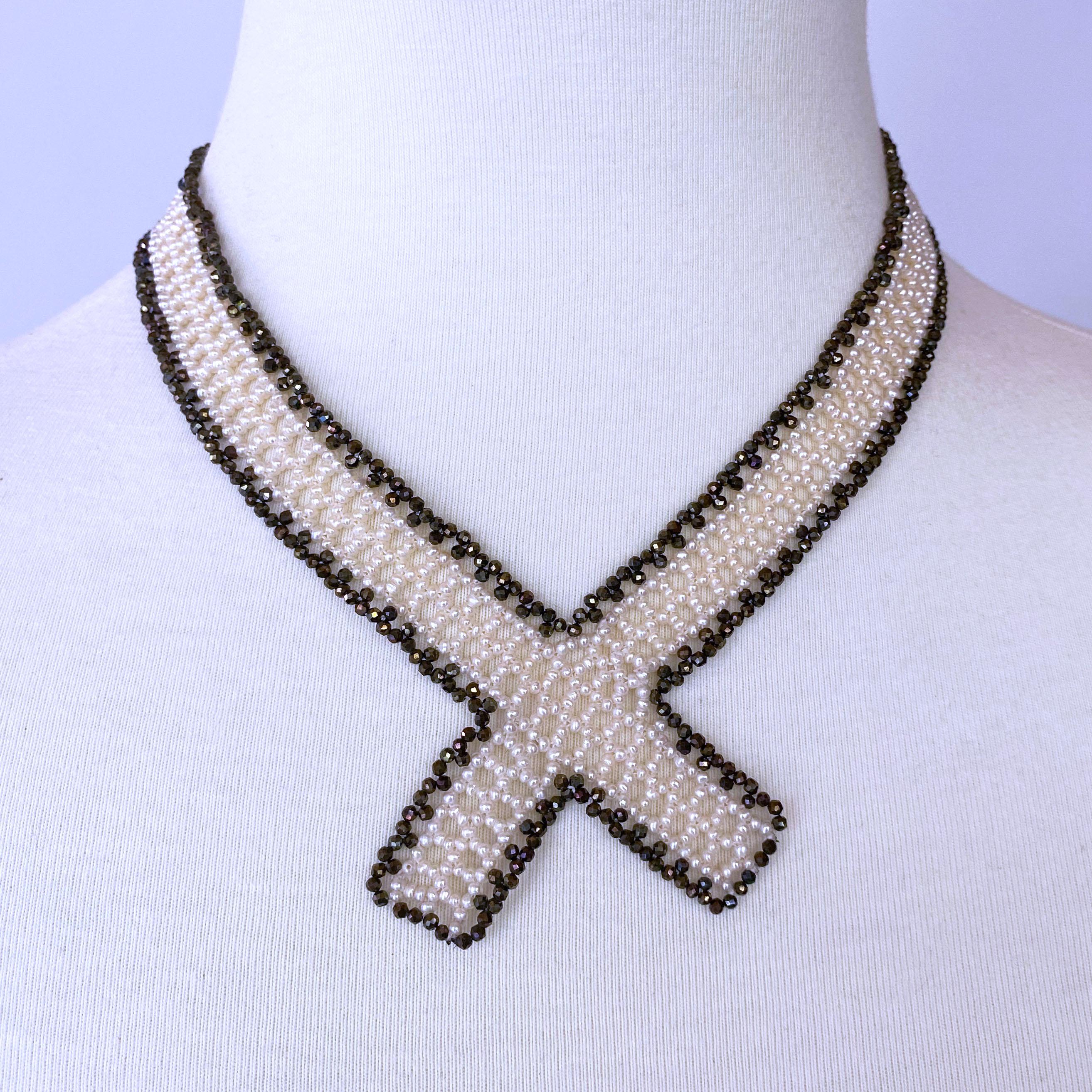 Artist Marina J White Woven Pearl and Black Spinel Collar Necklace with Sliding Clasp