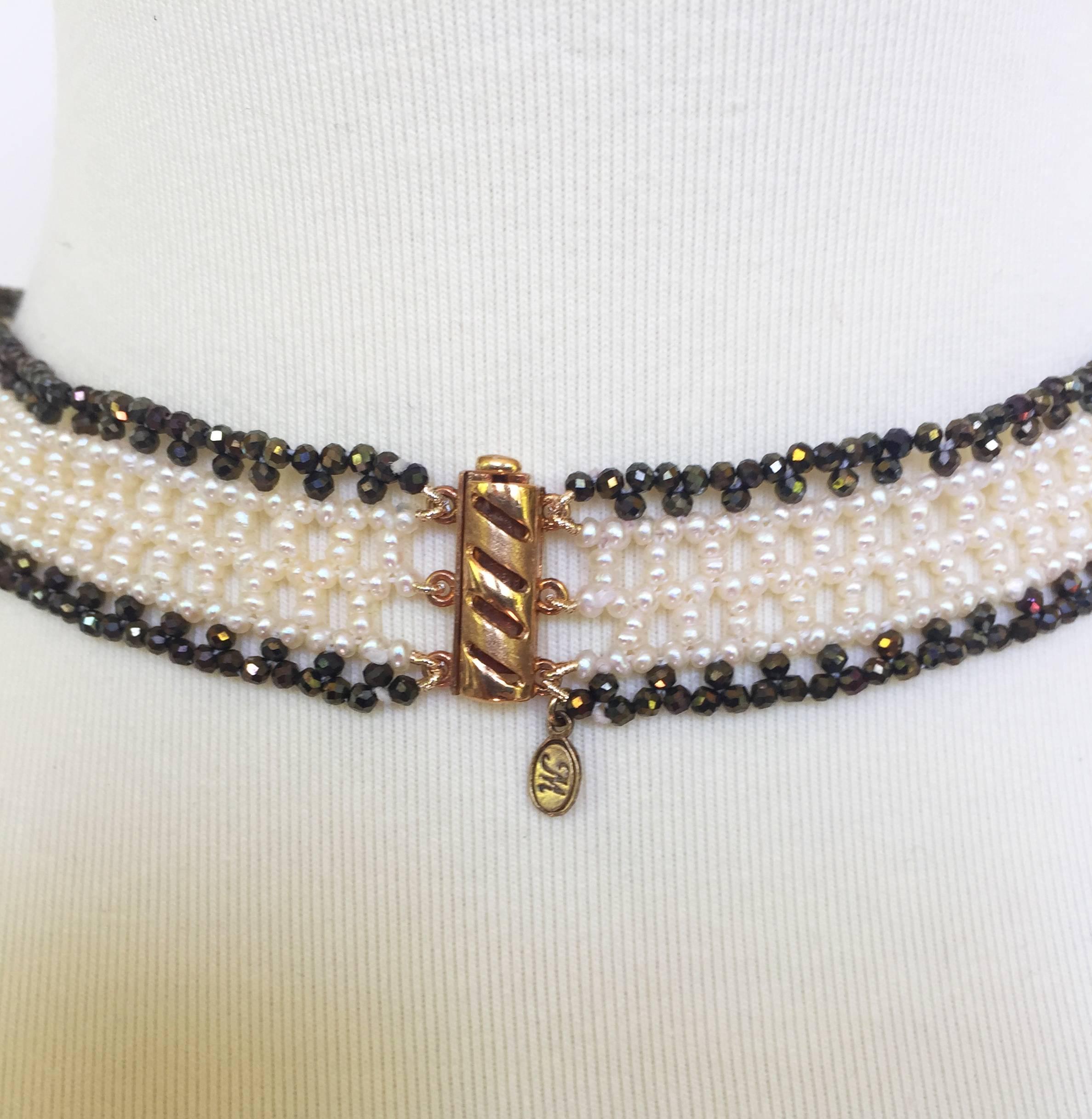 Women's Marina J White Woven Pearl and Black Spinel Collar Necklace with Sliding Clasp
