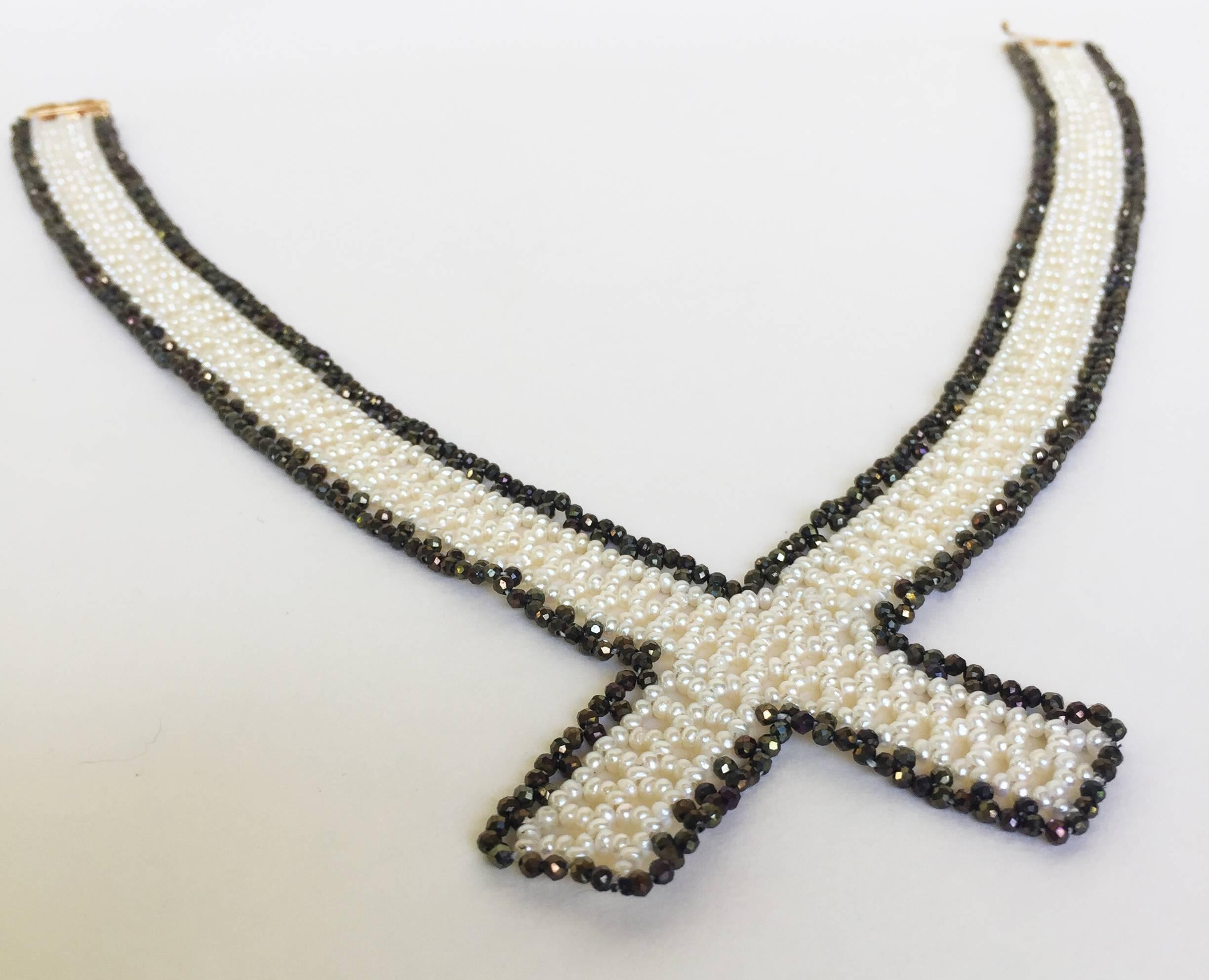 Marina J White Woven Pearl and Black Spinel Collar Necklace with Sliding Clasp 1