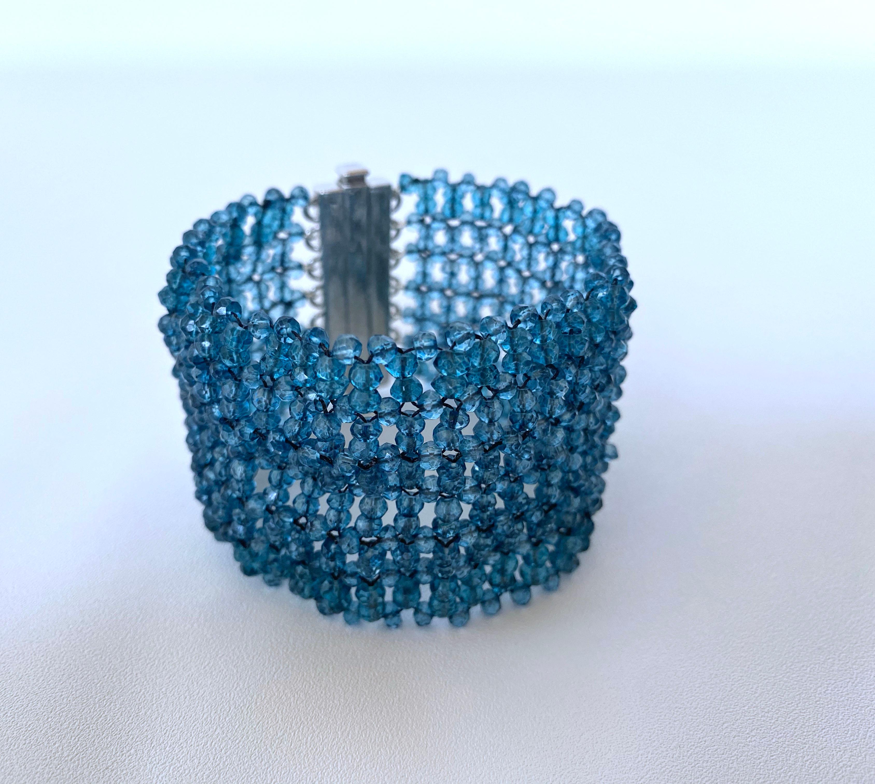 Artist Marina J. Wide Woven London Blue Topaz Beaded Bracelet with Silver Clasp For Sale