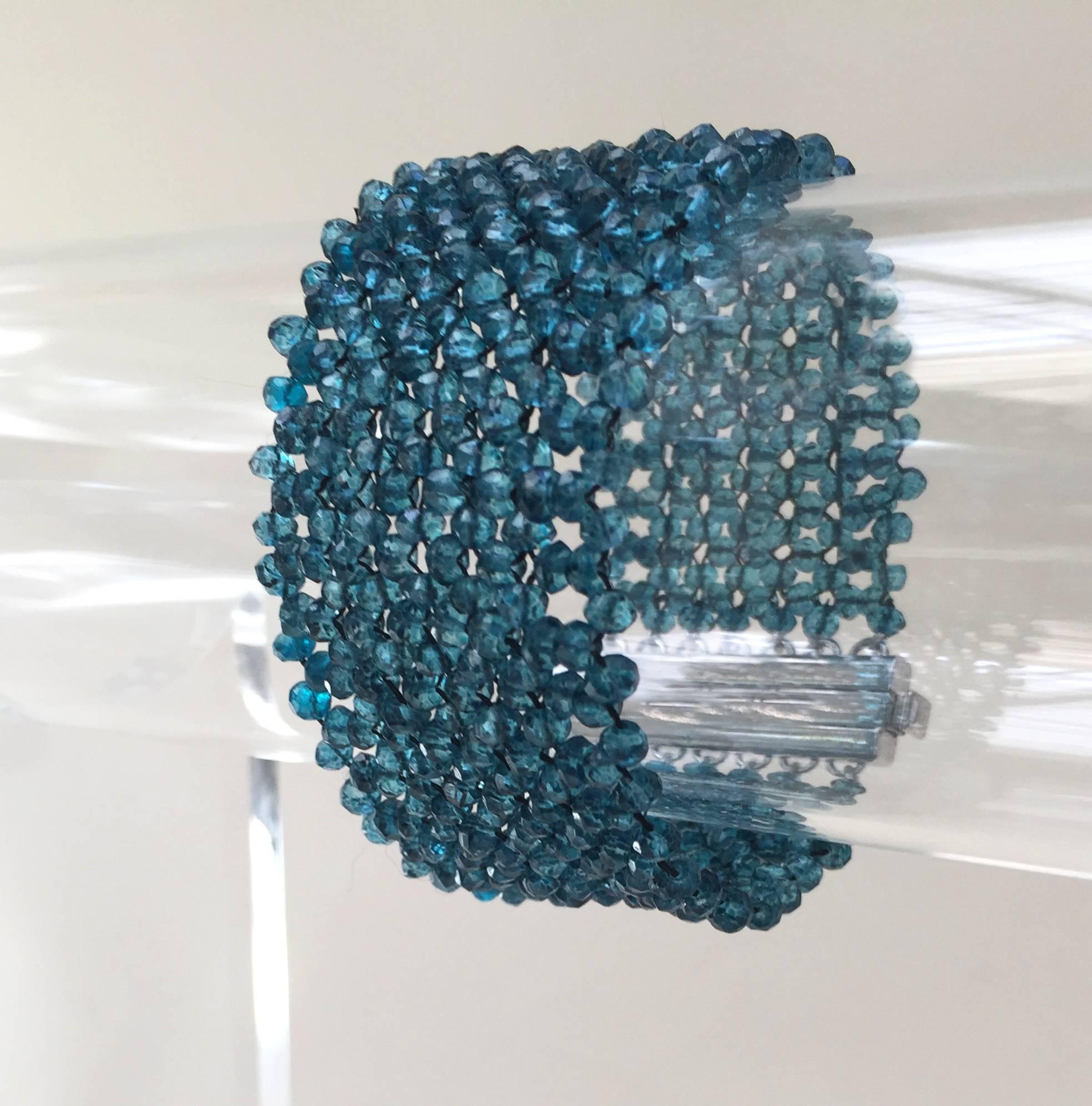 Marina J. Wide Woven London Blue Topaz Beaded Bracelet with Silver Clasp In New Condition For Sale In Los Angeles, CA