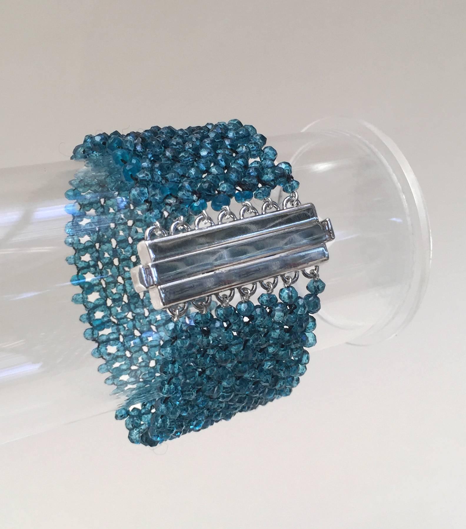 Women's Marina J. Wide Woven London Blue Topaz Beaded Bracelet with Silver Clasp For Sale