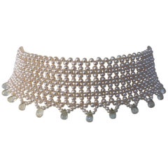 Marina J. Wide Woven Pearl Choker with Rock Crystal Briolettes and Sliding Clasp