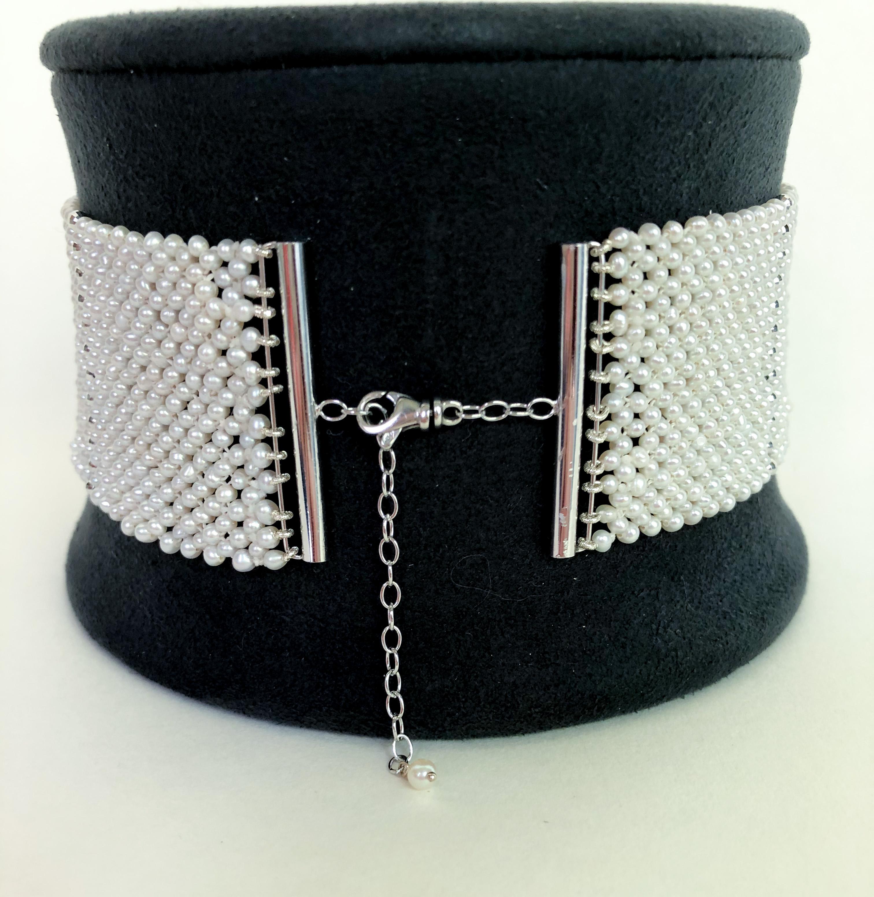 Artisan Marina J. Wide Woven Pearl Choker with Vintage Silver Brooch and Unique Clasp