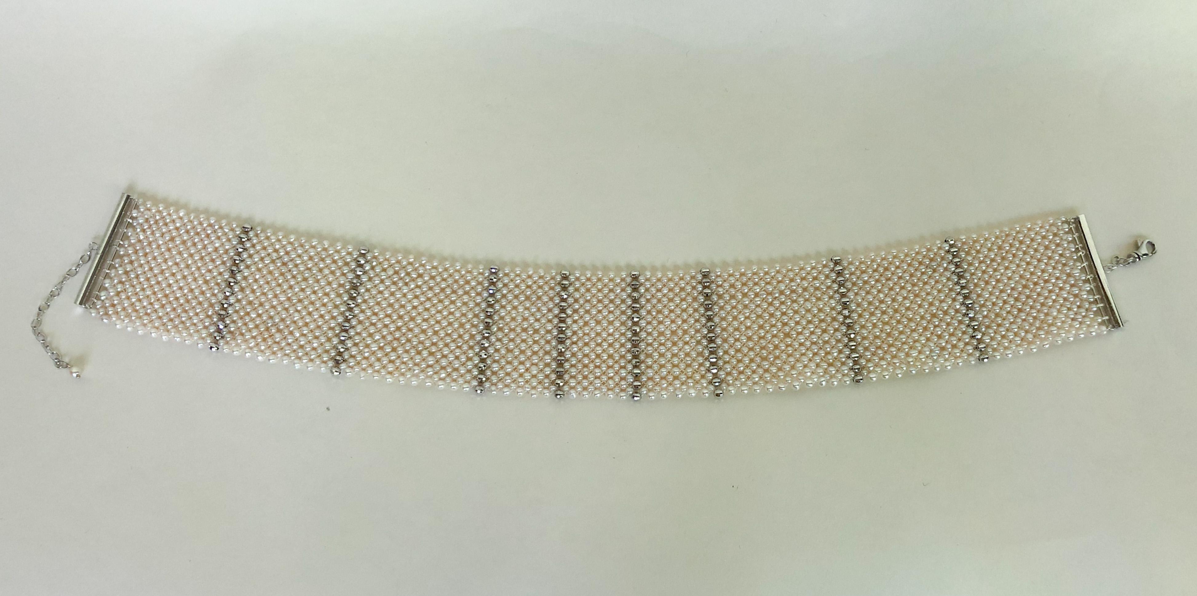 Women's Marina J. Wide Woven Pearl Choker with Vintage Silver Brooch and Unique Clasp