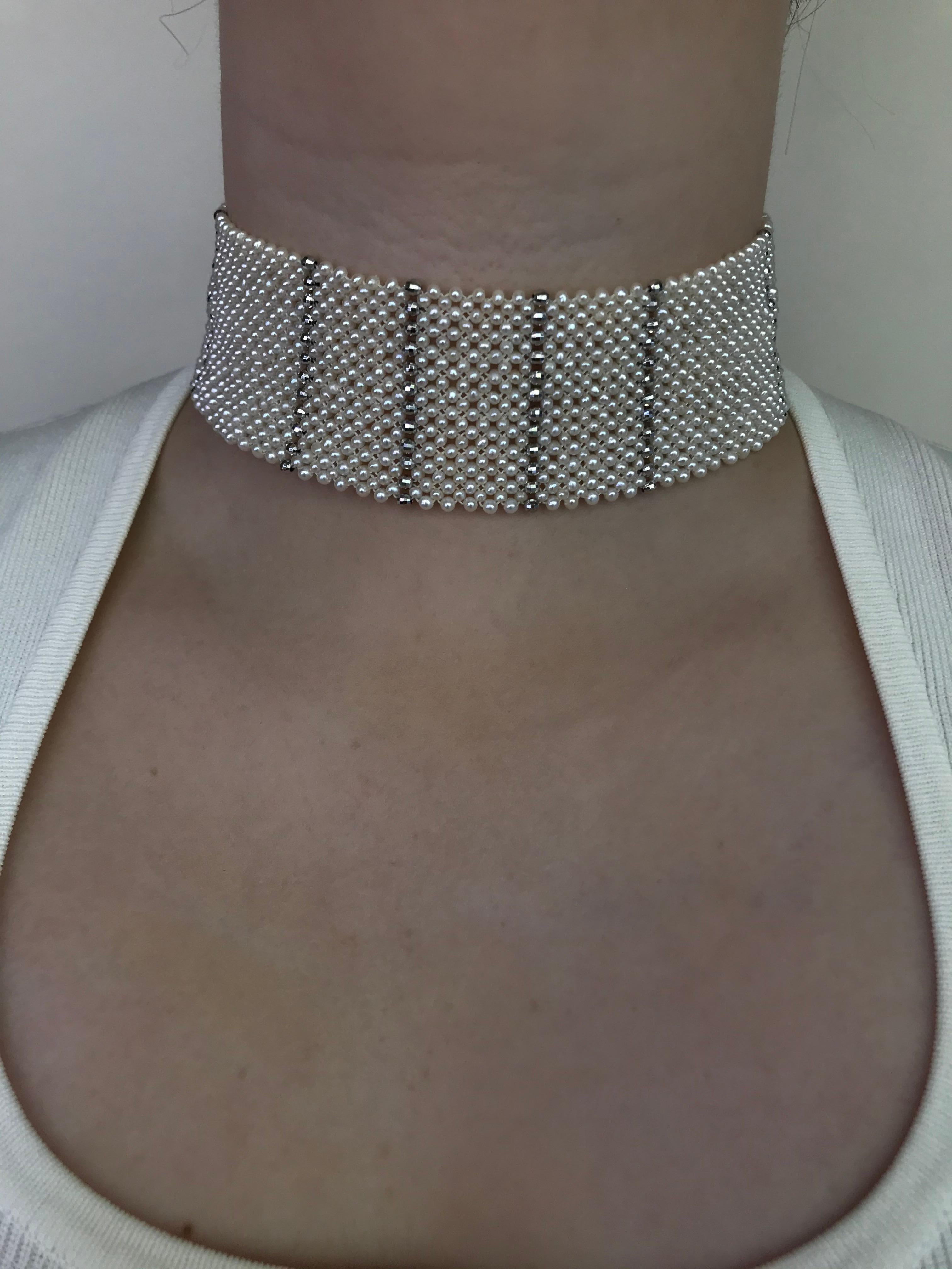Marina J. Wide Woven Pearl Choker with Vintage Silver Brooch and Unique Clasp 2