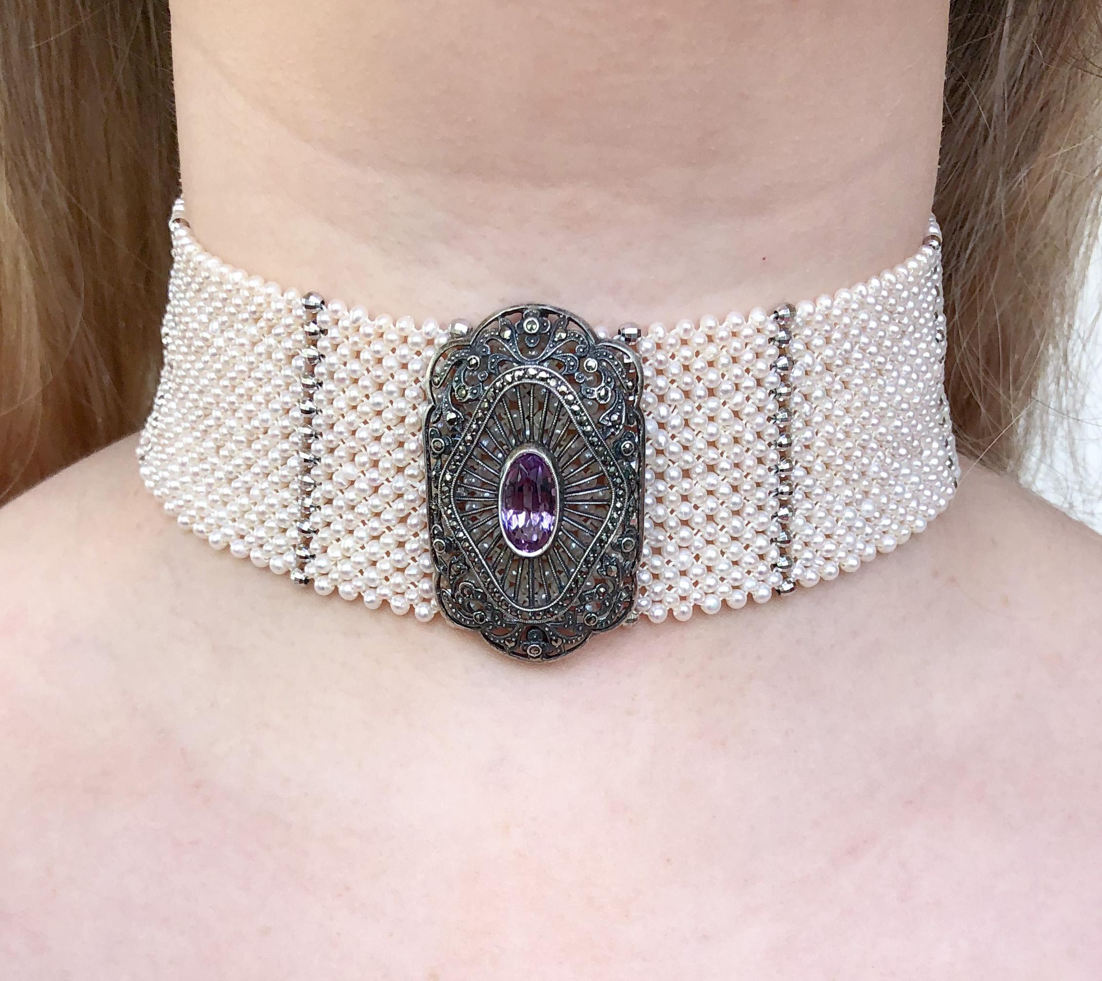 Marina J. Wide Woven Pearl Choker with Vintage Silver Brooch and Unique Clasp 1