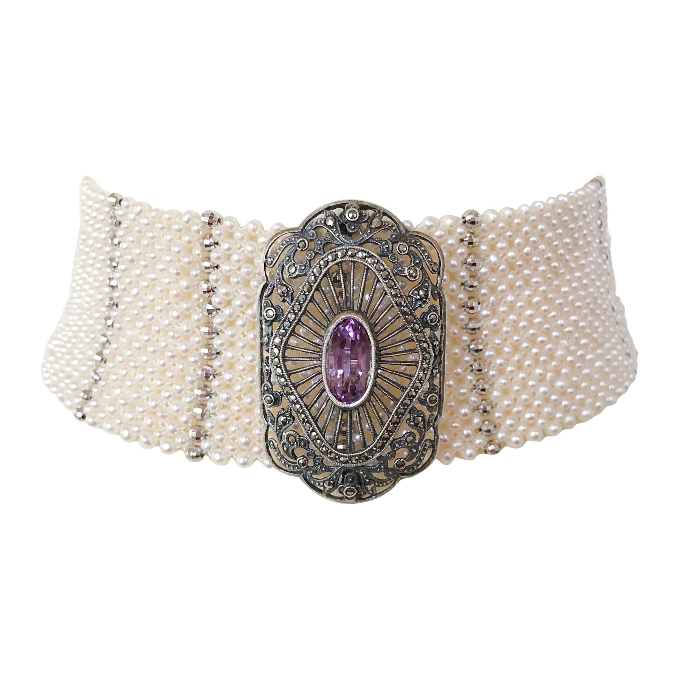 Marina J. Wide Woven Pearl Choker with Vintage Silver Brooch and Unique Clasp
