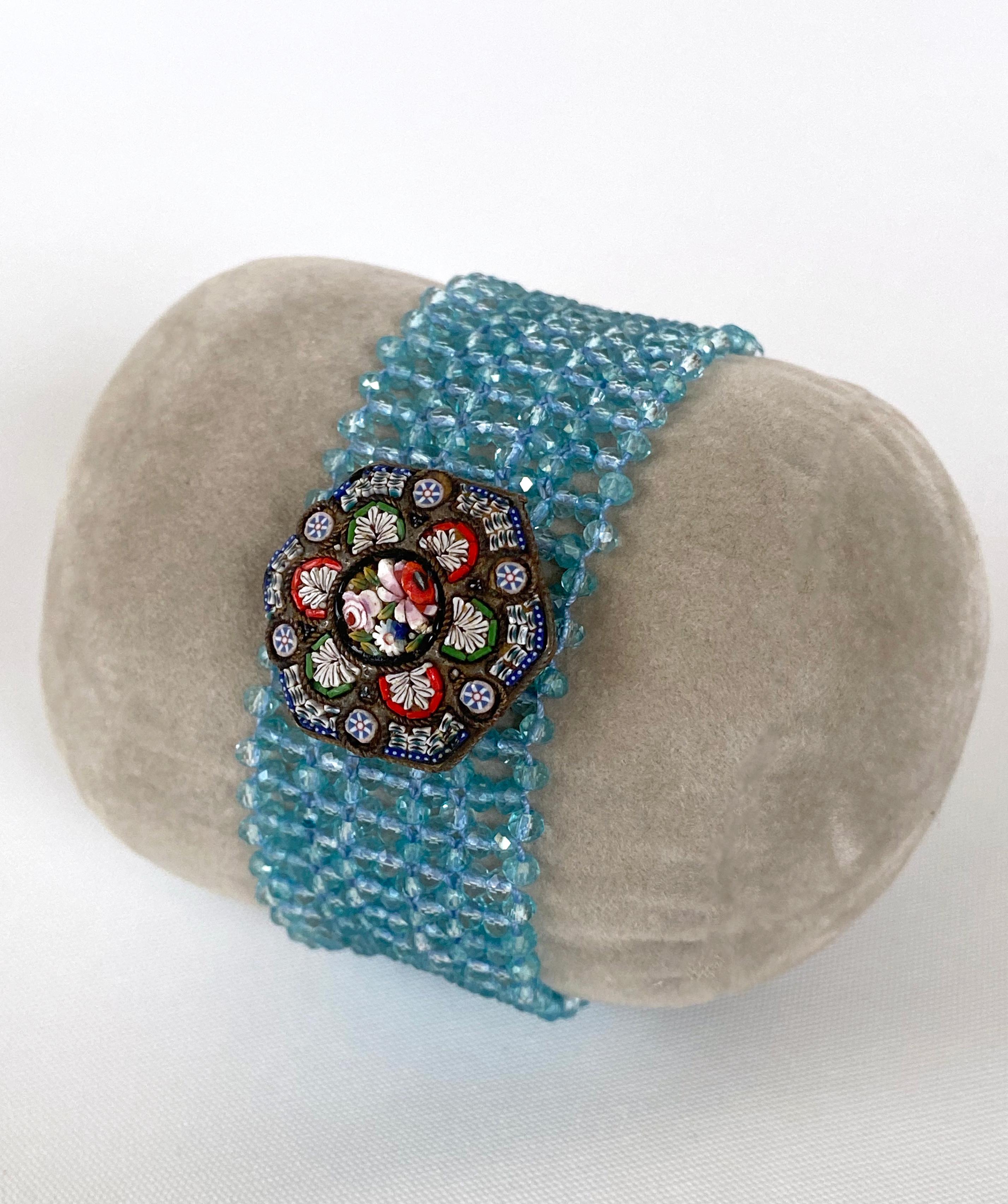 Artisan Marina J. Woven Aquamarine Bracelet with Vintage Mosaic Centerpiece & Gold For Sale