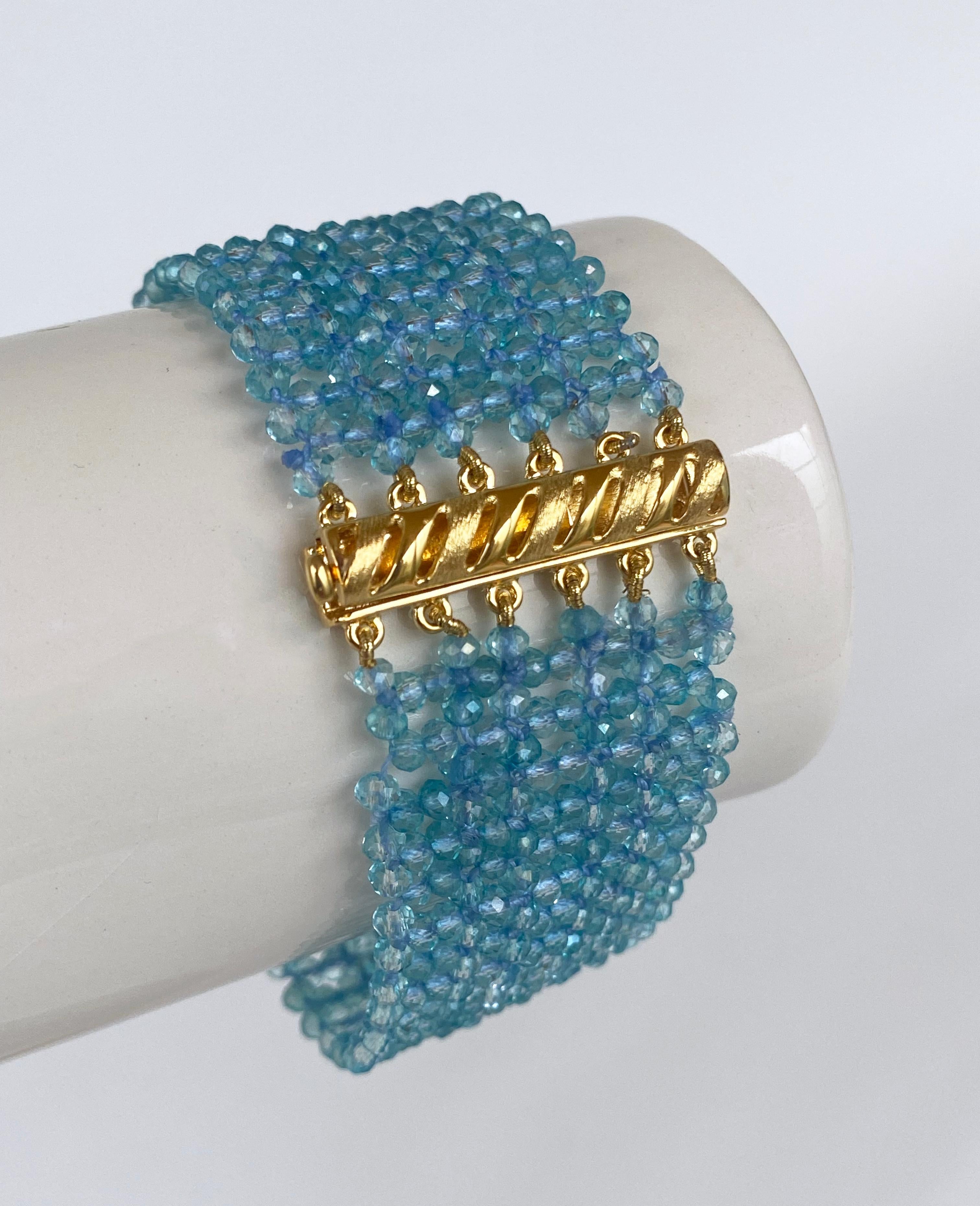 Marina J. Woven Aquamarine Bracelet with Vintage Mosaic Centerpiece & Gold In New Condition For Sale In Los Angeles, CA