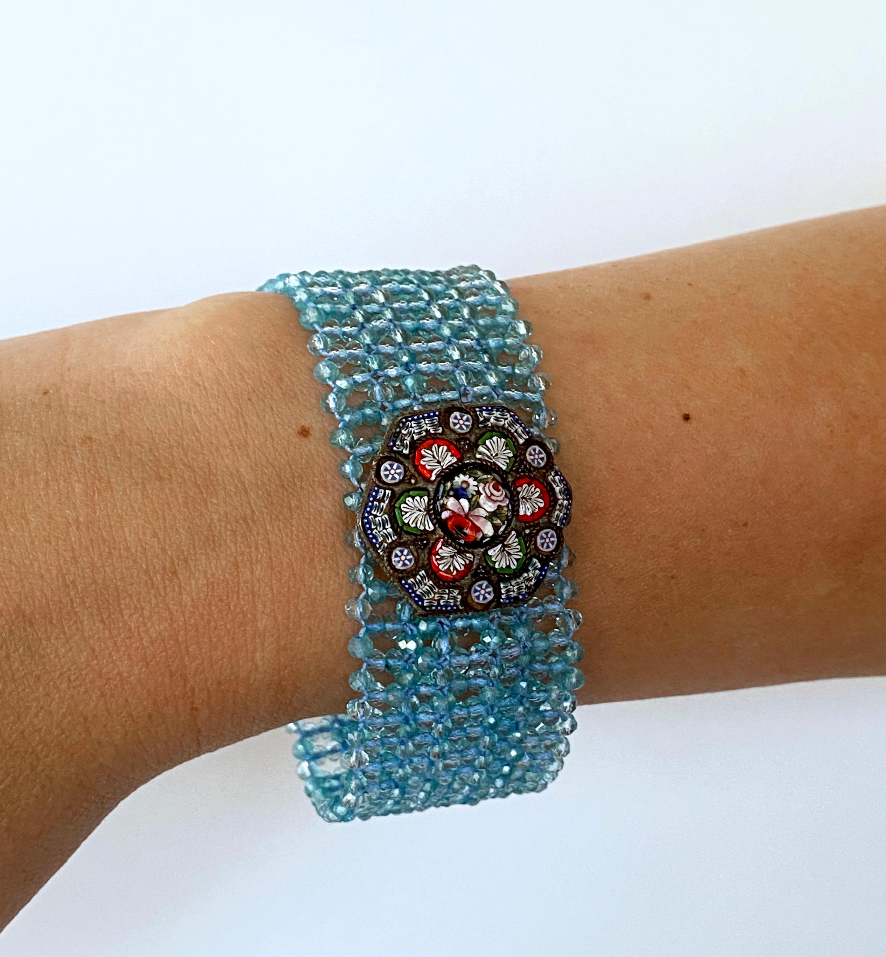 Bead Marina J. Woven Aquamarine Bracelet with Vintage Mosaic Centerpiece & Gold For Sale