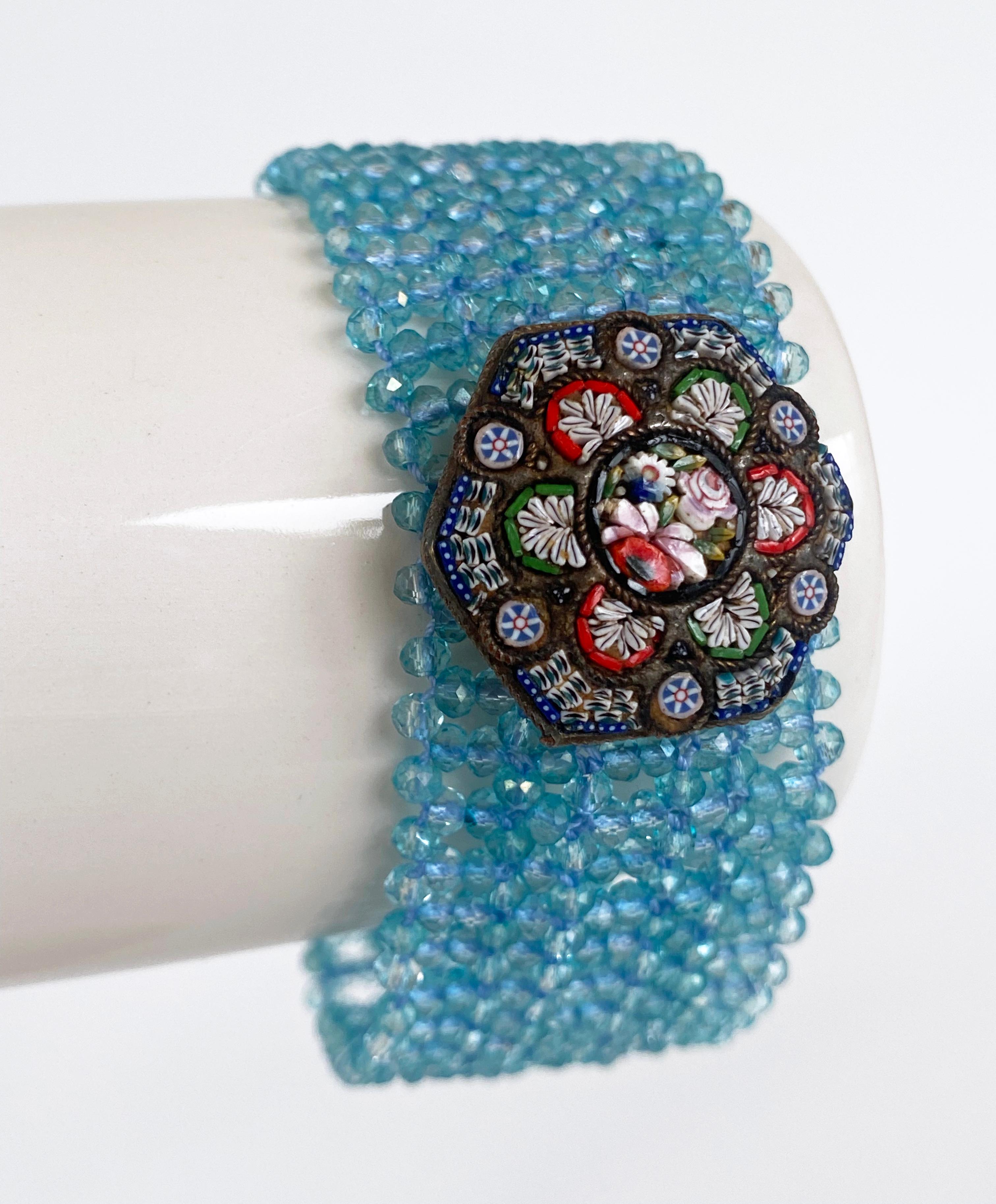 Women's or Men's Marina J. Woven Aquamarine Bracelet with Vintage Mosaic Centerpiece & Gold For Sale