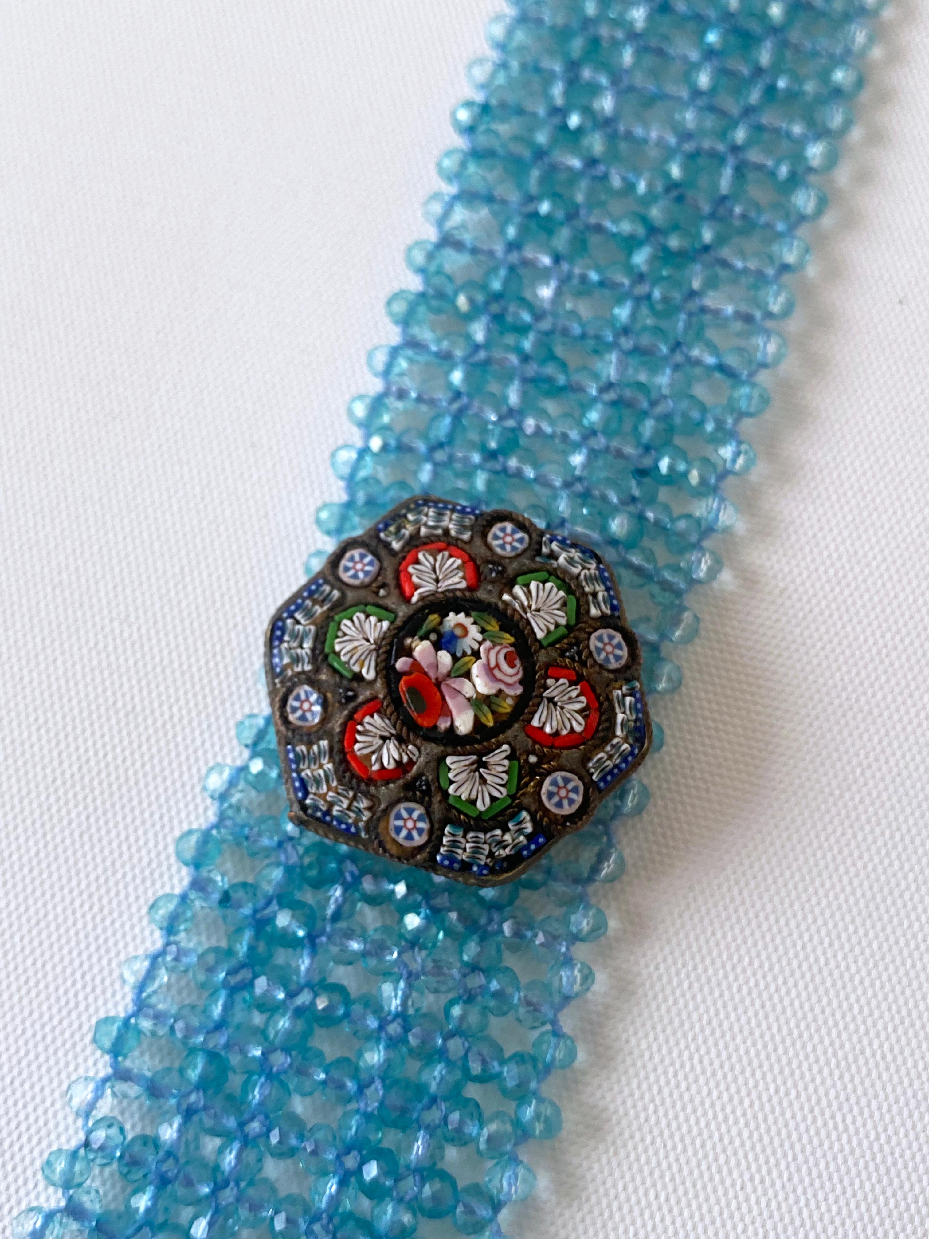 Marina J. Woven Aquamarine Bracelet with Vintage Mosaic Centerpiece & Gold For Sale 1