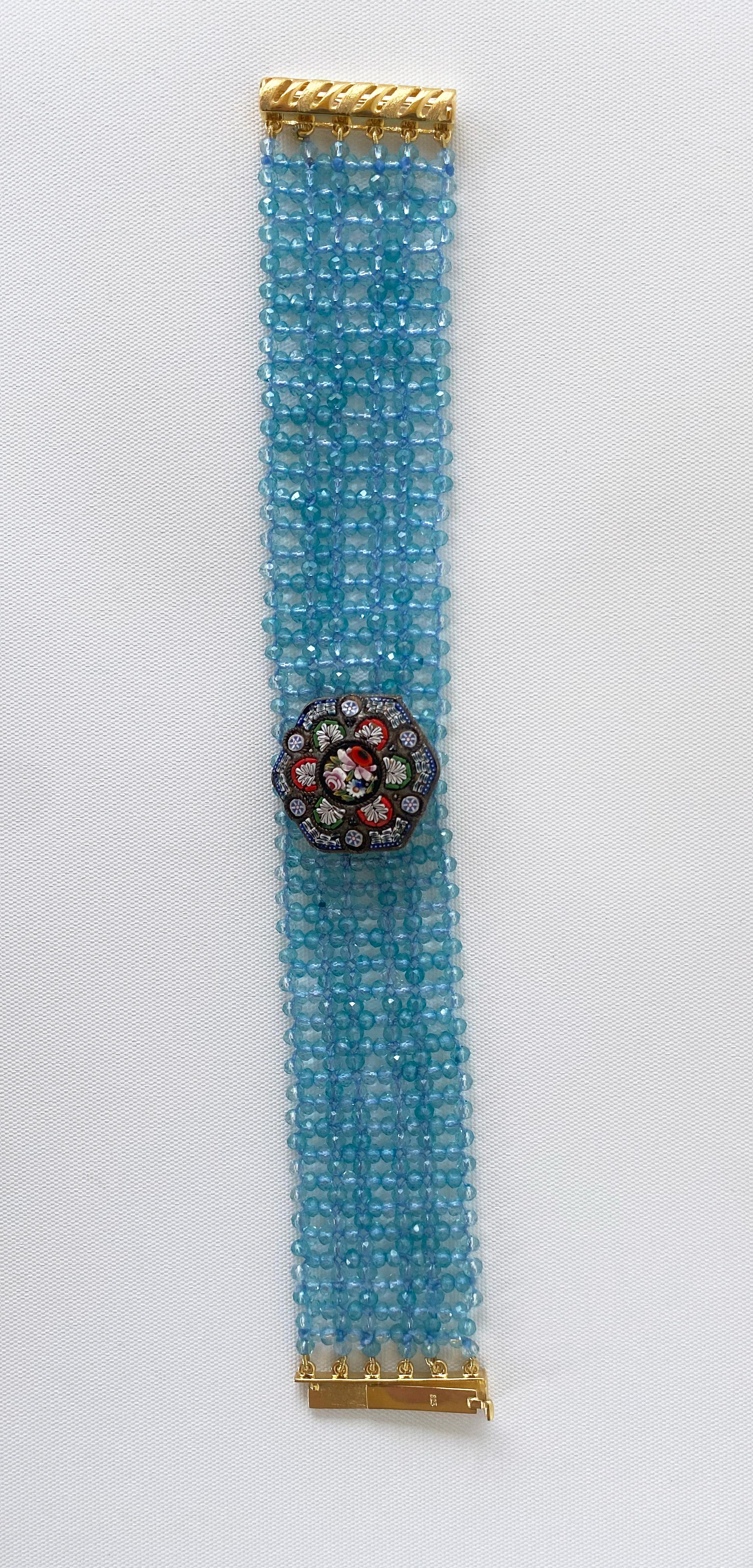 Marina J. Woven Aquamarine Bracelet with Vintage Mosaic Centerpiece & Gold For Sale 2