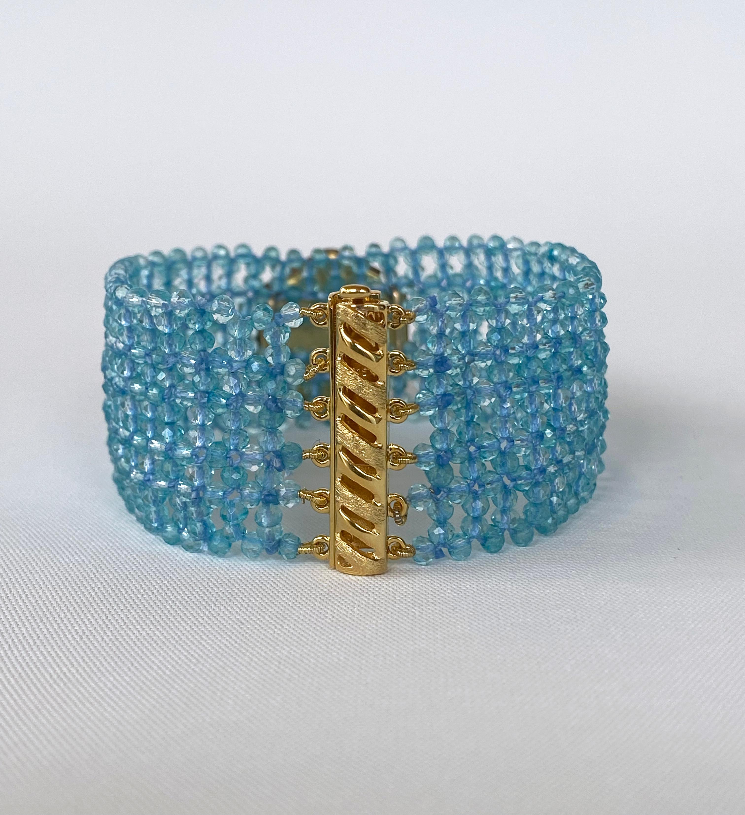 Marina J. Woven Aquamarine Bracelet with Vintage Mosaic Centerpiece & Gold For Sale 3