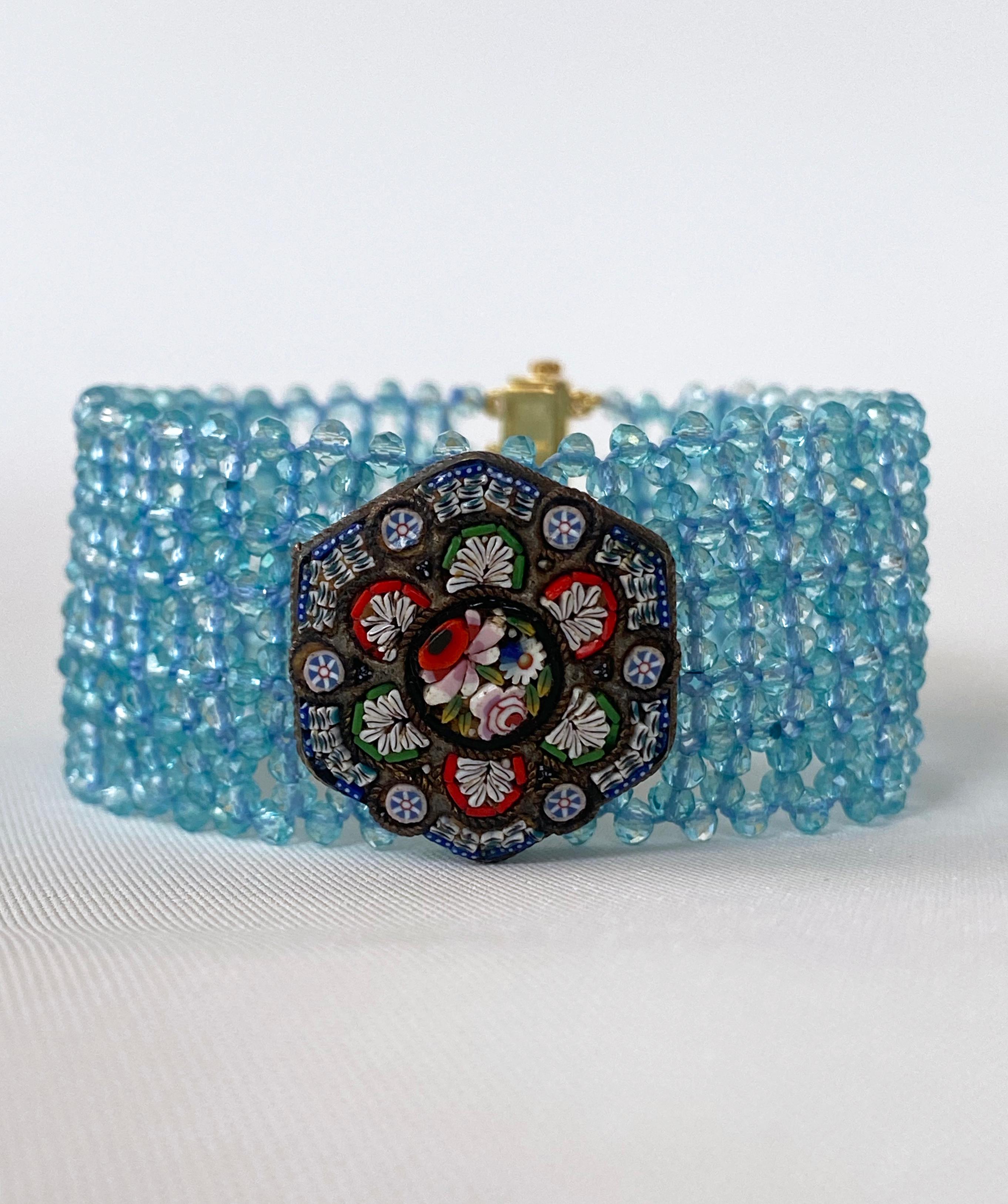 Marina J. Woven Aquamarine Bracelet with Vintage Mosaic Centerpiece & Gold For Sale 4
