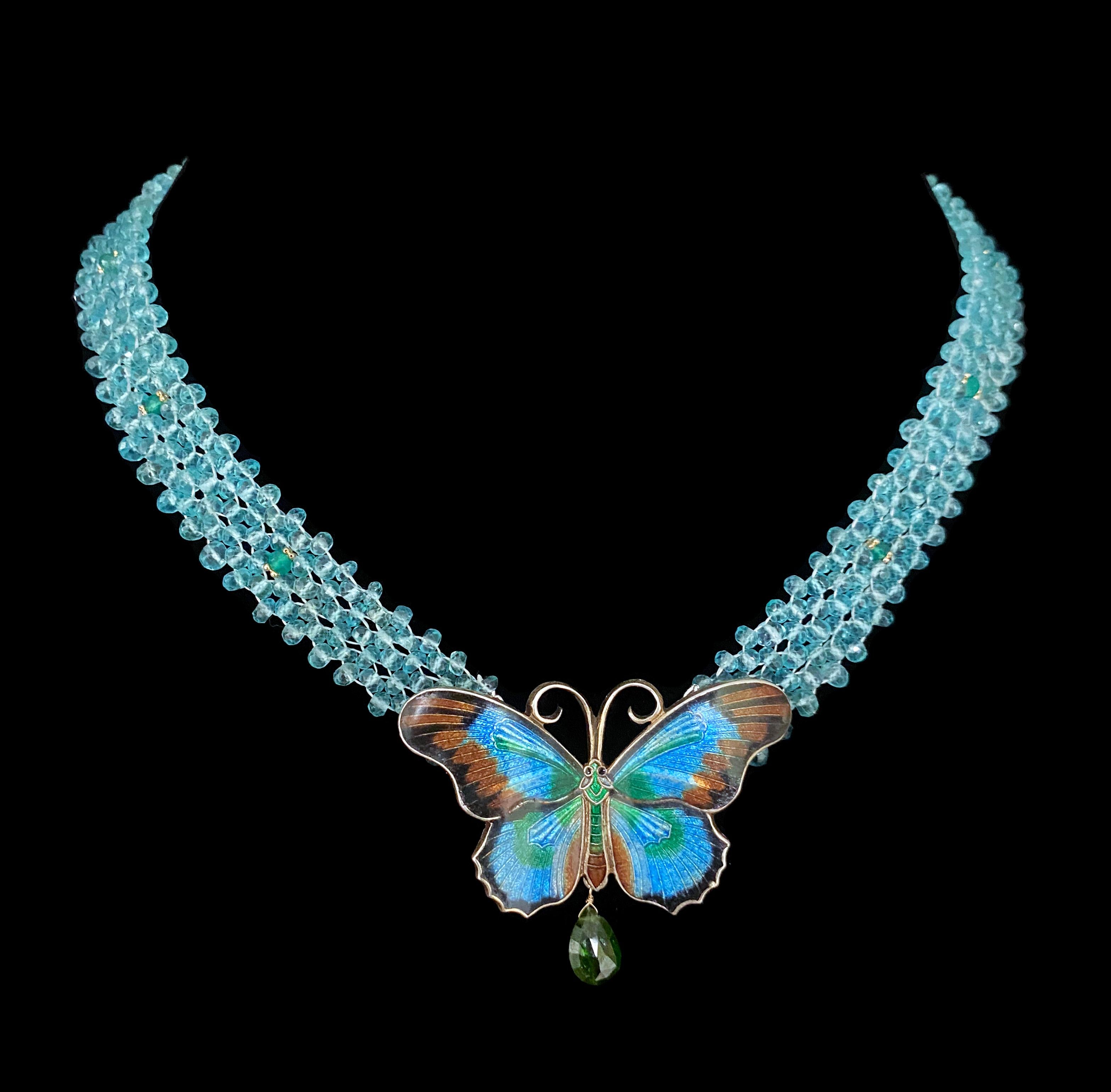 Marina J. Collar tejido de aguamarina con centro de mariposa vintage en venta 1